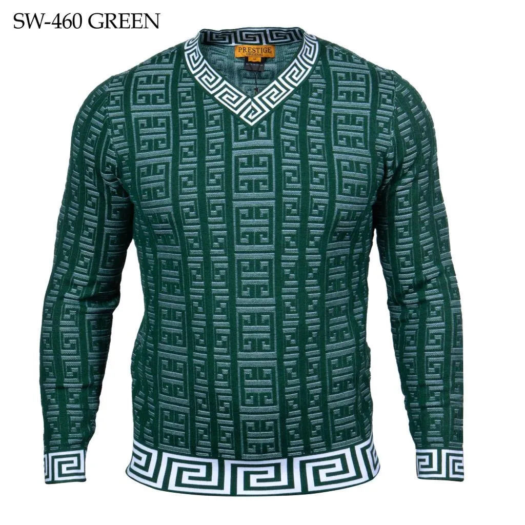 Prestige Green V-Neck Men's Pullover Sweaters Greek Key Design