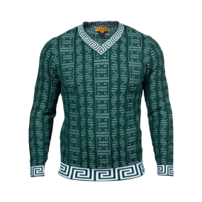 Prestige Green V-Neck Men's Pullover Sweaters Greek Key Design