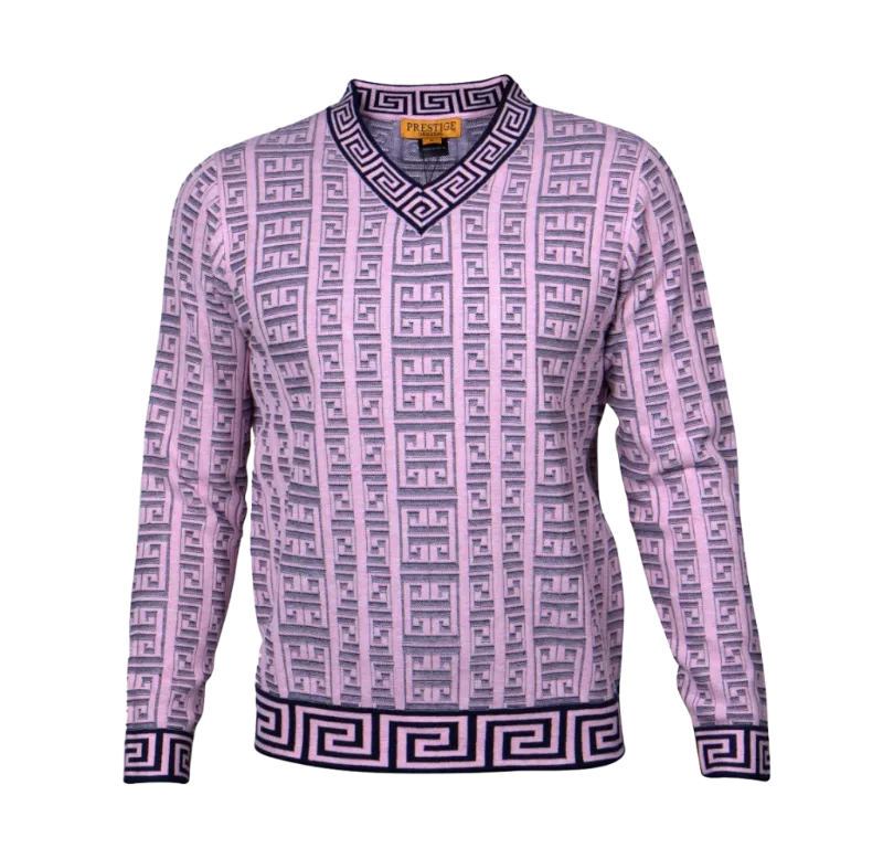 Prestige Pink V-Neck Luxury Men's Sweaters Fashion Design Greek key