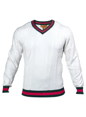 Prestige White Men's V-Neck Luxury Pullover Sweaters Green and Red stripes SW-563