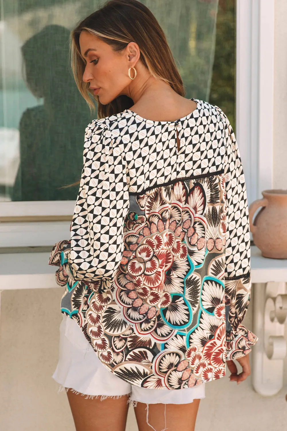 Print Ruffled Long Sleeve Blouse