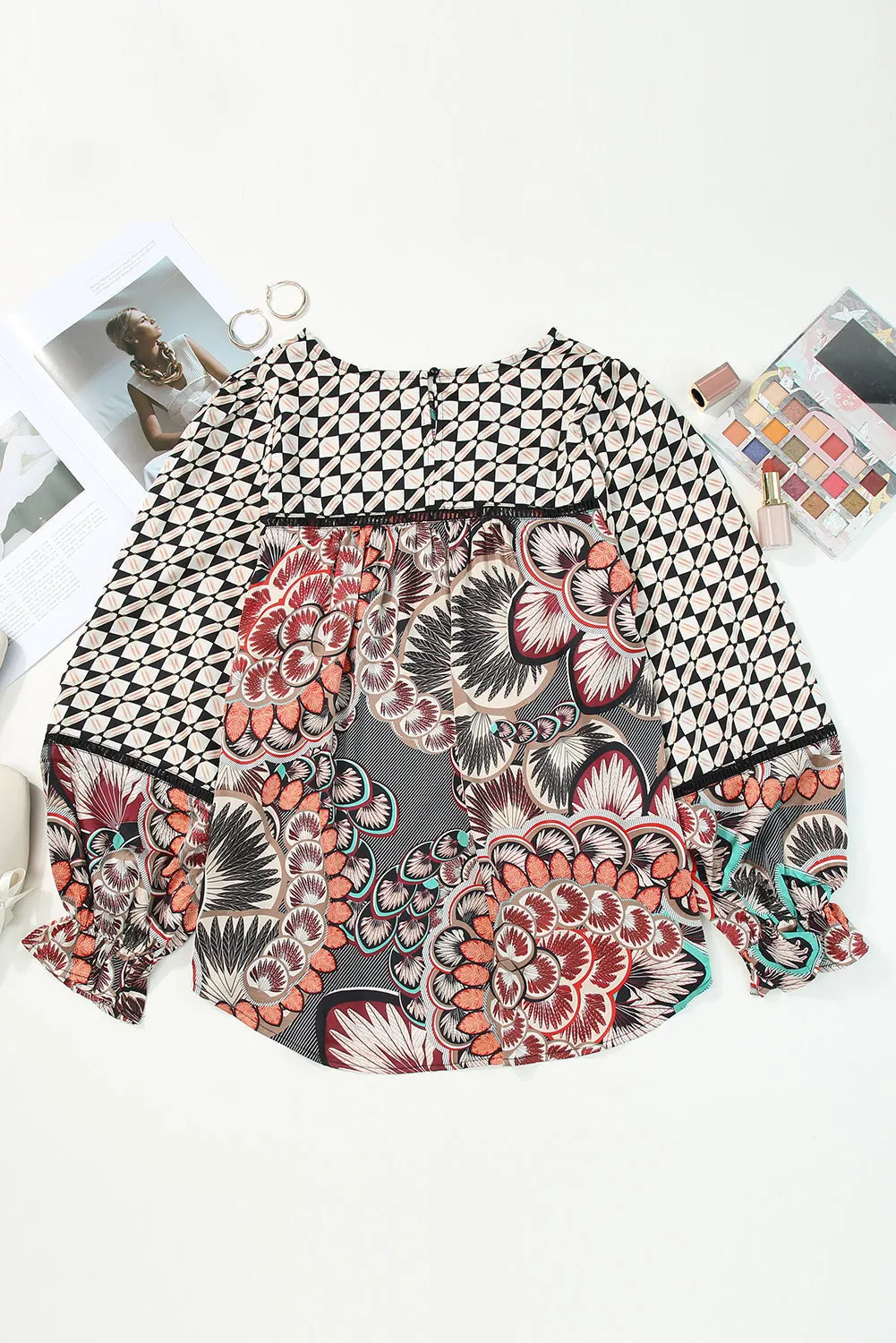 Print Ruffled Long Sleeve Blouse