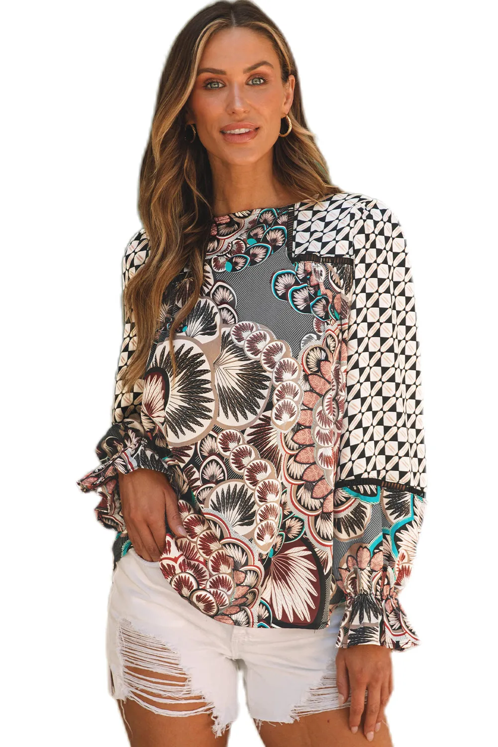 Print Ruffled Long Sleeve Blouse