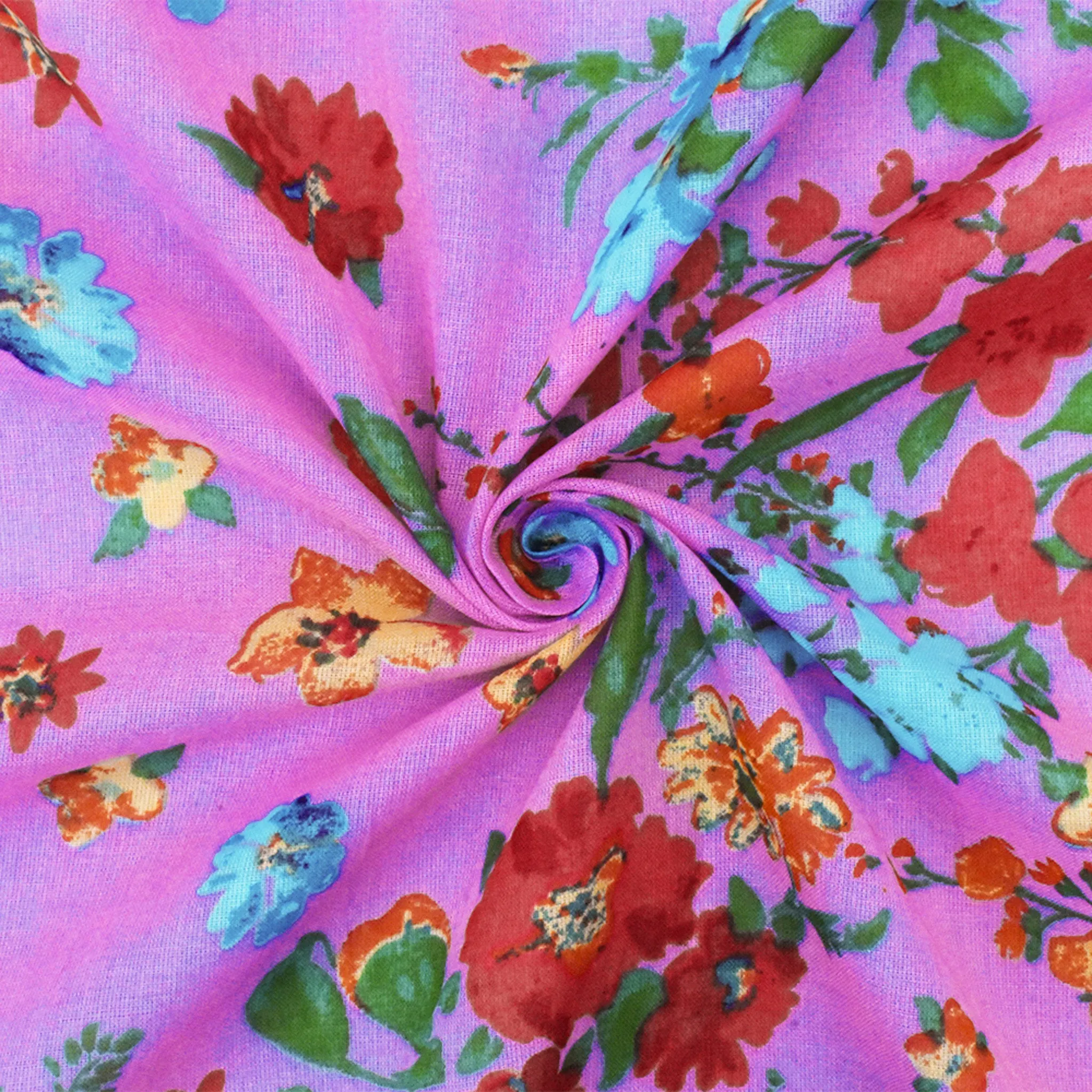 Purple-Green-Multi Floral Printed Cotton Voile Woven Fabric