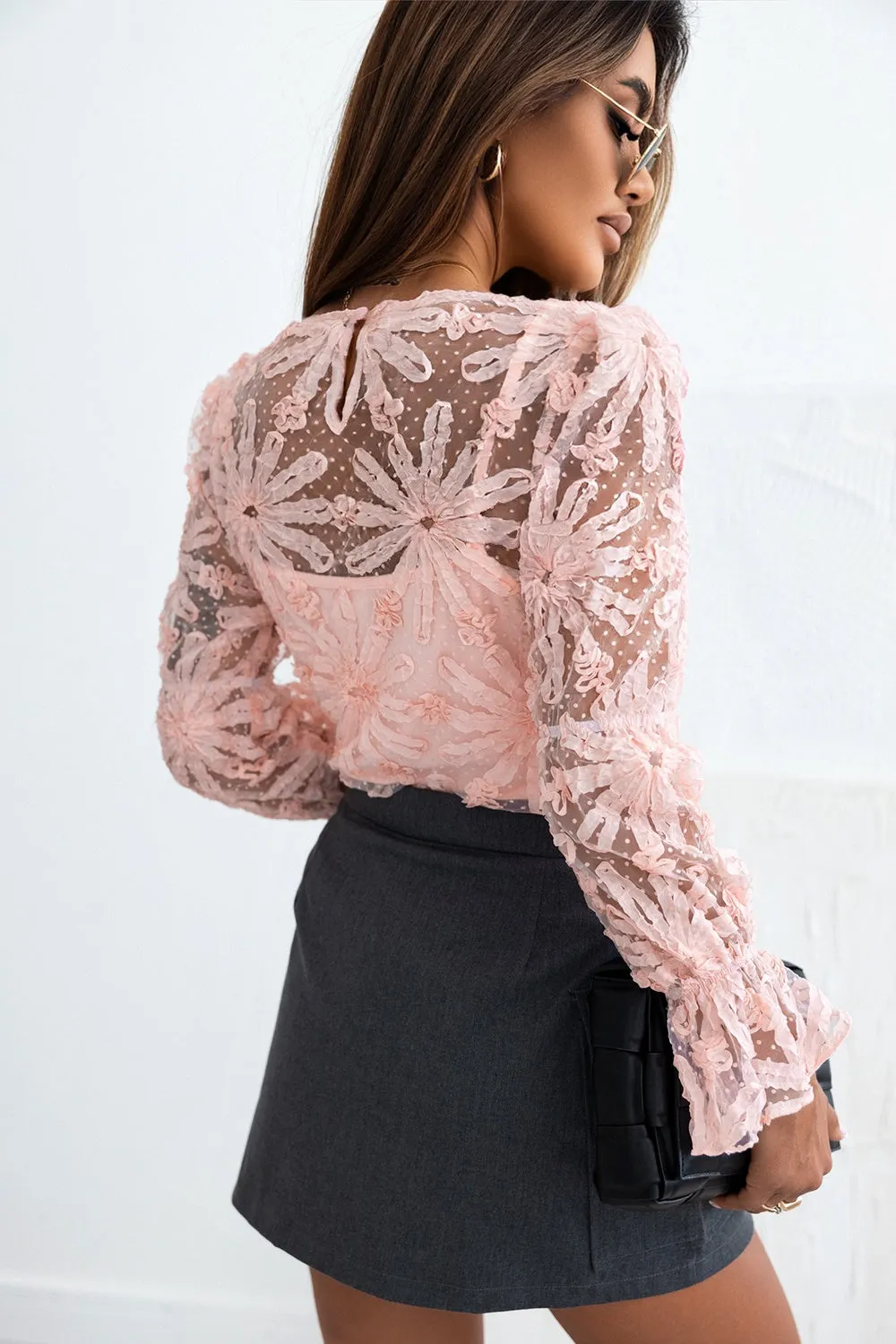 "Ruffled Garden"Sleeve Mesh Top