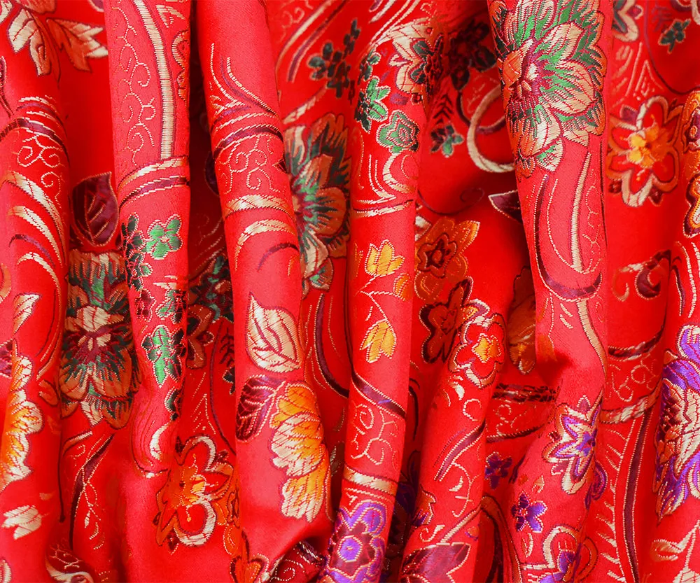 Red-Yellow-Multi Polyester  Floral Chinese Brocade Woven Fabric