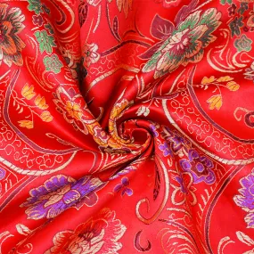 Red-Yellow-Multi Polyester  Floral Chinese Brocade Woven Fabric