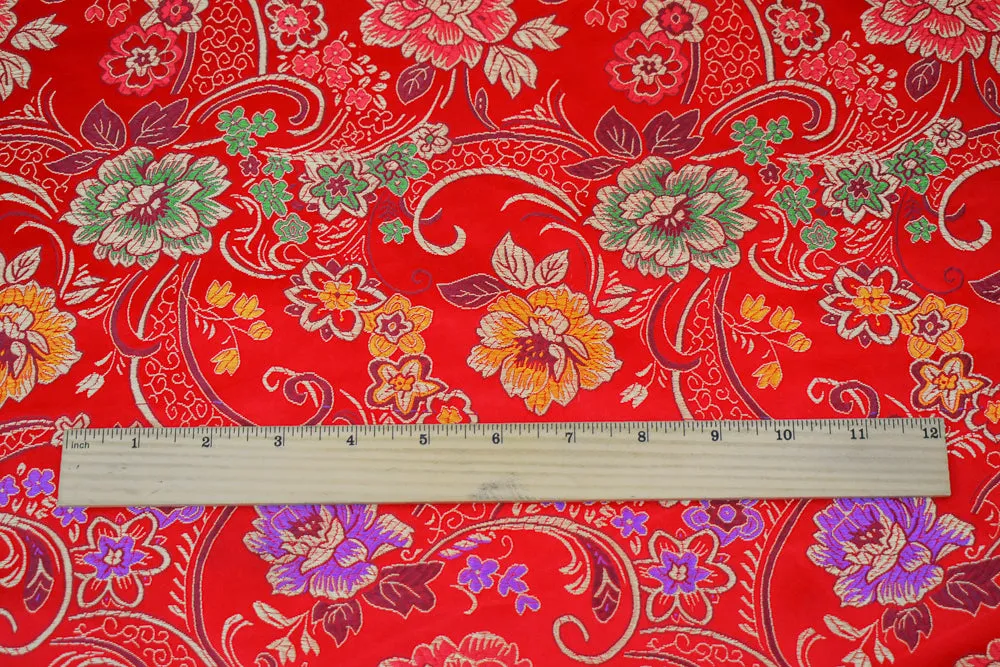 Red-Yellow-Multi Polyester  Floral Chinese Brocade Woven Fabric