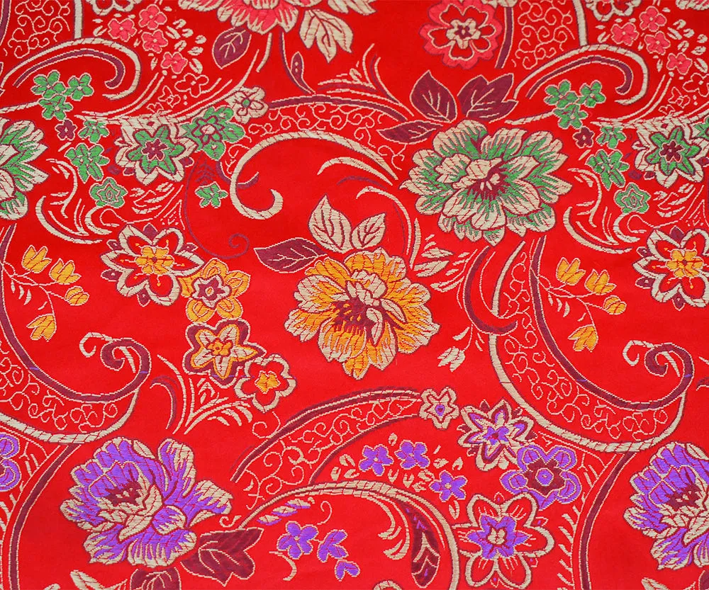 Red-Yellow-Multi Polyester  Floral Chinese Brocade Woven Fabric