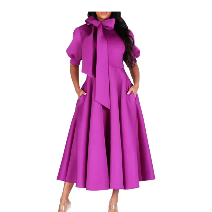 Royalty Puff Sleeve Bow Midi Dress