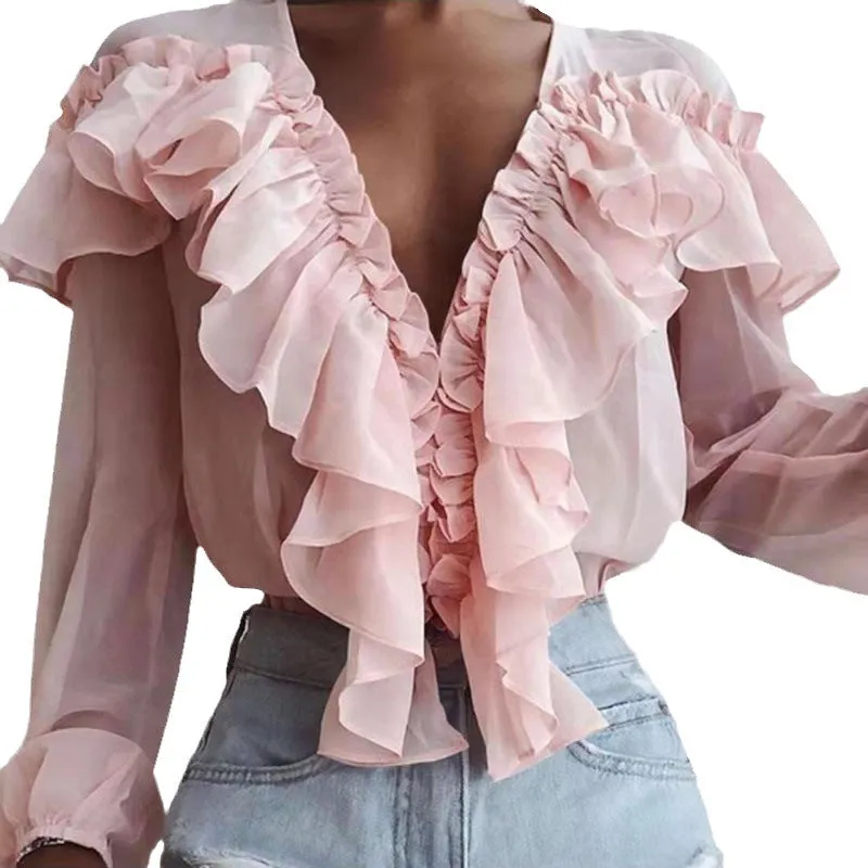 Ruffled Loose Pullover Chiffon Shirt White Blouses