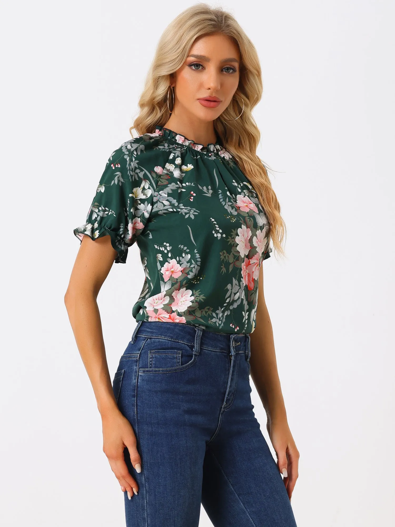 Ruffled Short Sleeve Floral Print Mock Neck Blouses