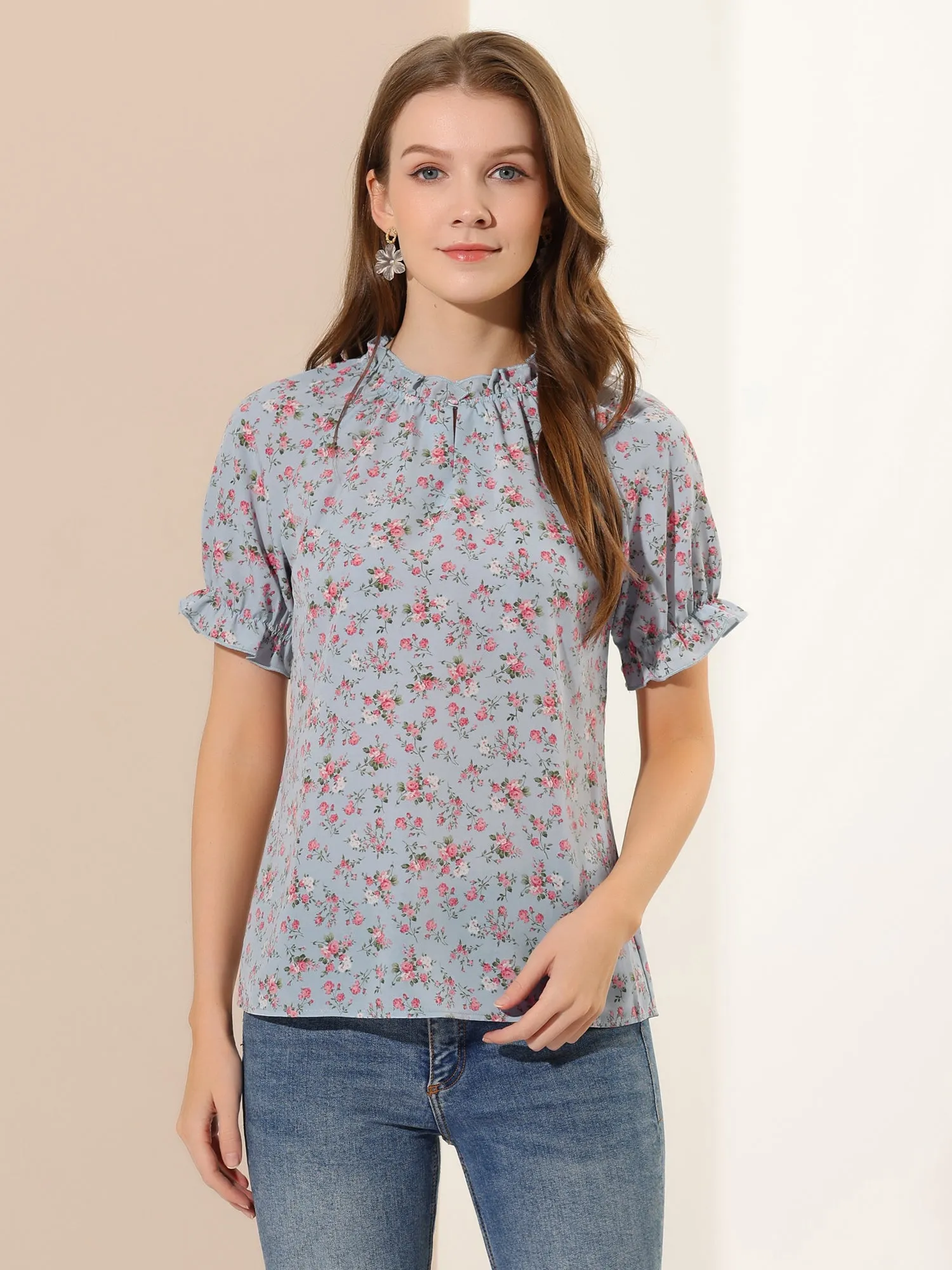 Ruffled Short Sleeve Floral Print Mock Neck Blouses