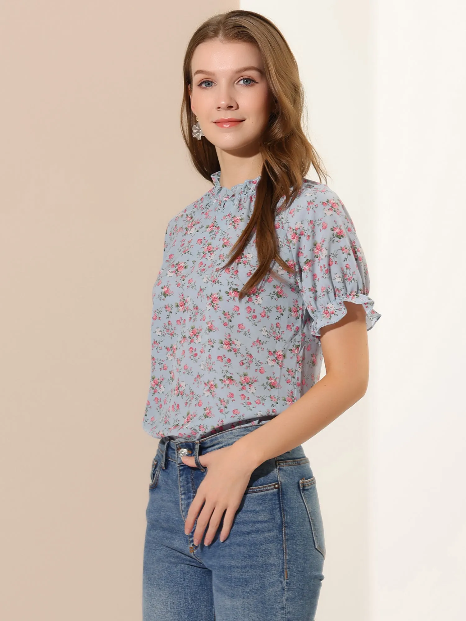 Ruffled Short Sleeve Floral Print Mock Neck Blouses