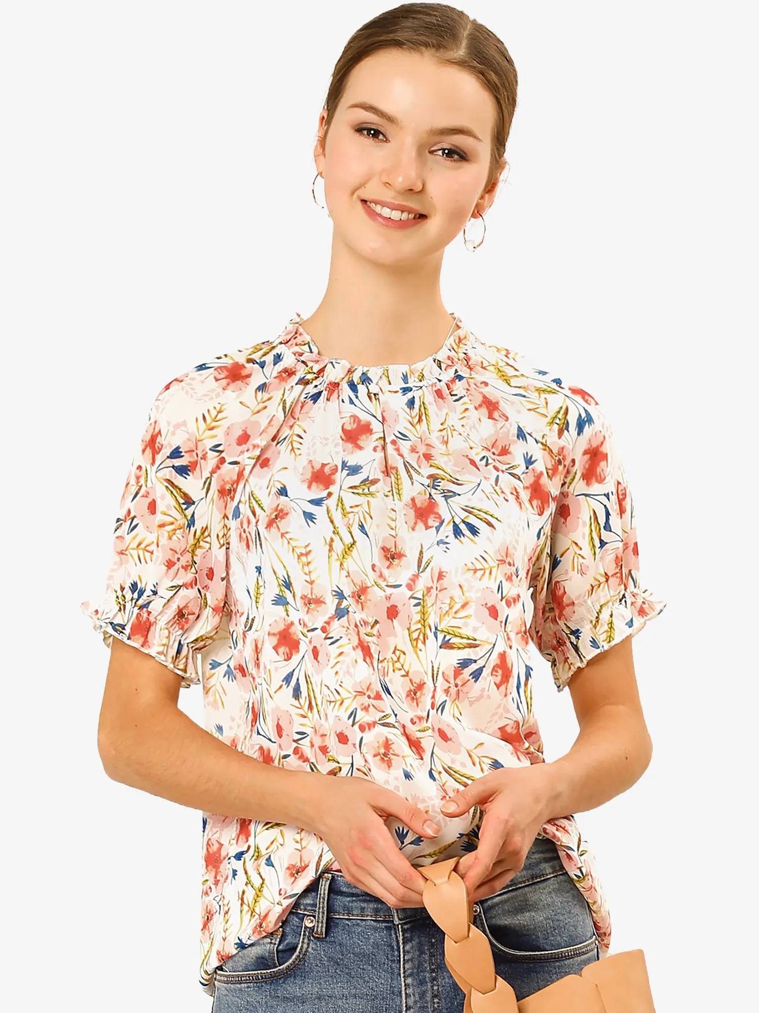 Ruffled Short Sleeve Floral Print Mock Neck Blouses