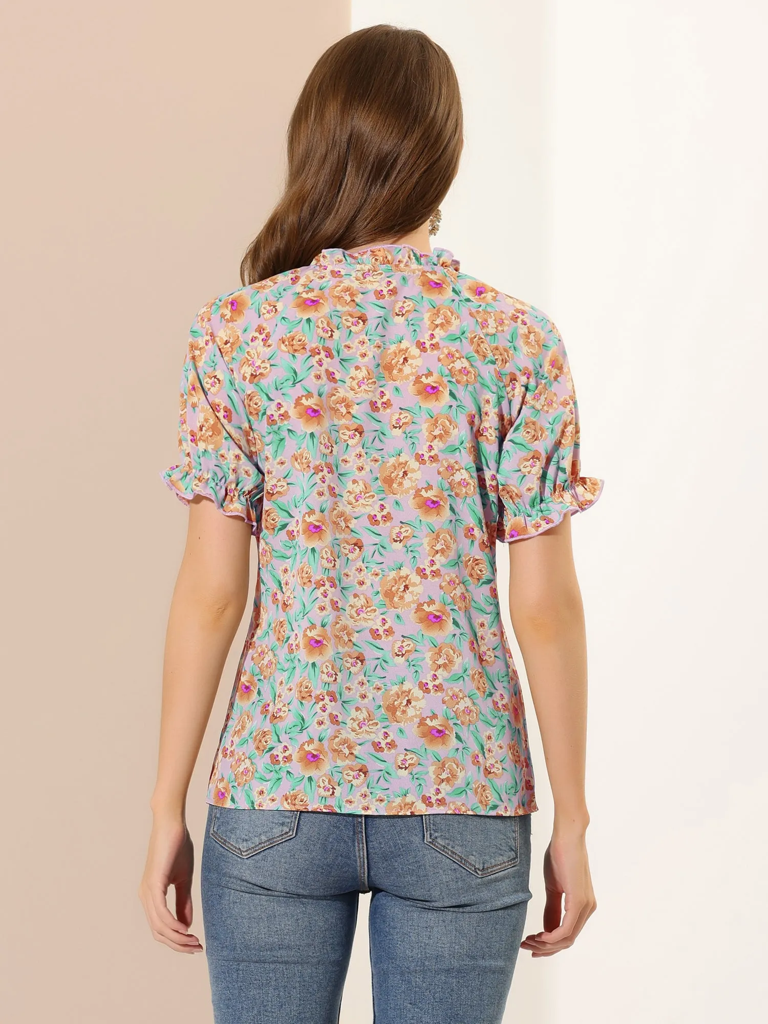 Ruffled Short Sleeve Floral Print Mock Neck Blouses