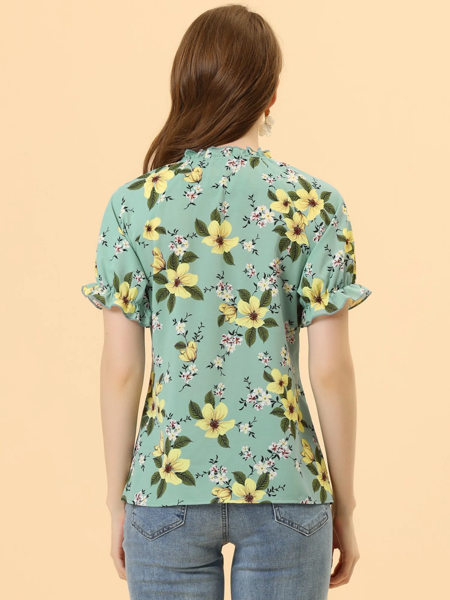 Ruffled Short Sleeve Floral Print Mock Neck Blouses