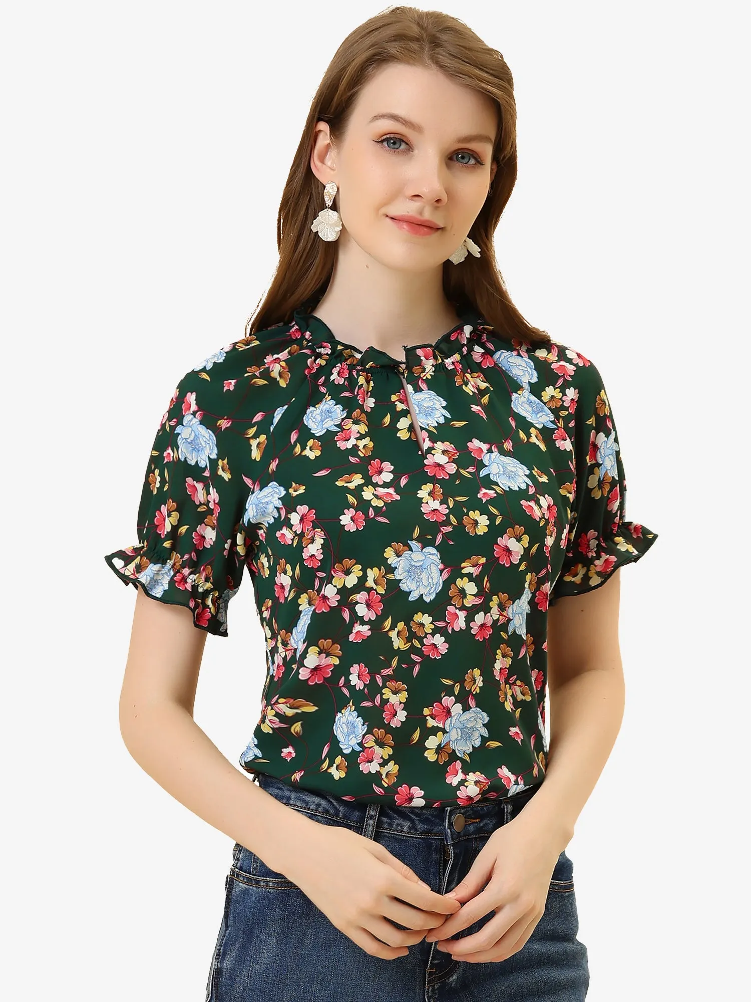 Ruffled Short Sleeve Floral Print Mock Neck Blouses