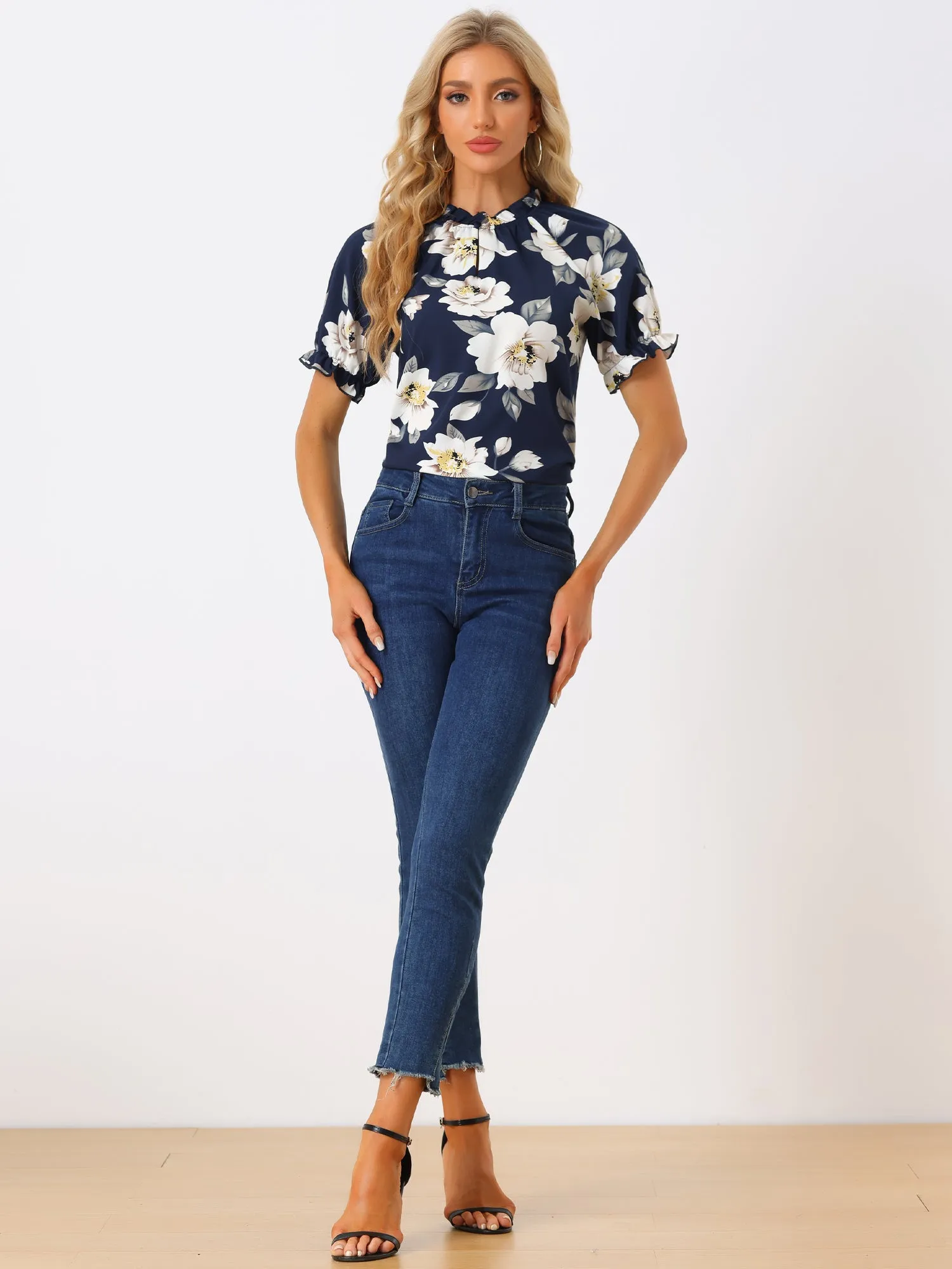 Ruffled Short Sleeve Floral Print Mock Neck Blouses