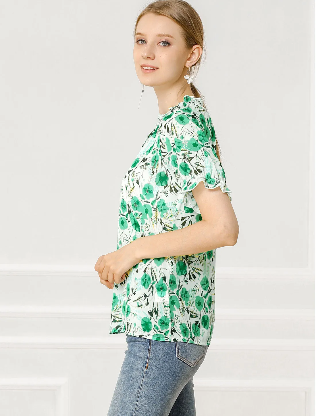 Ruffled Short Sleeve Floral Print Mock Neck Blouses