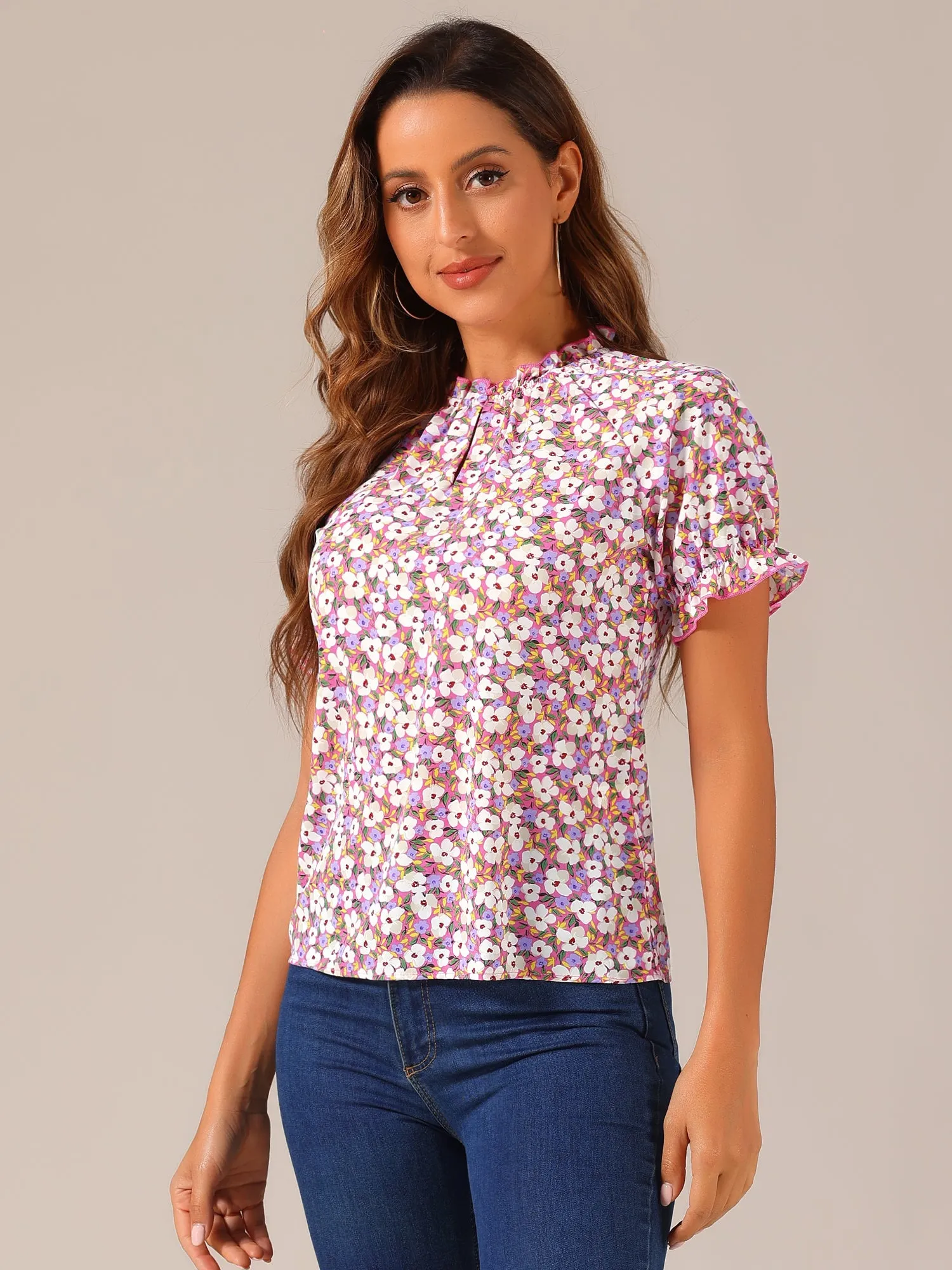 Ruffled Short Sleeve Floral Print Mock Neck Blouses