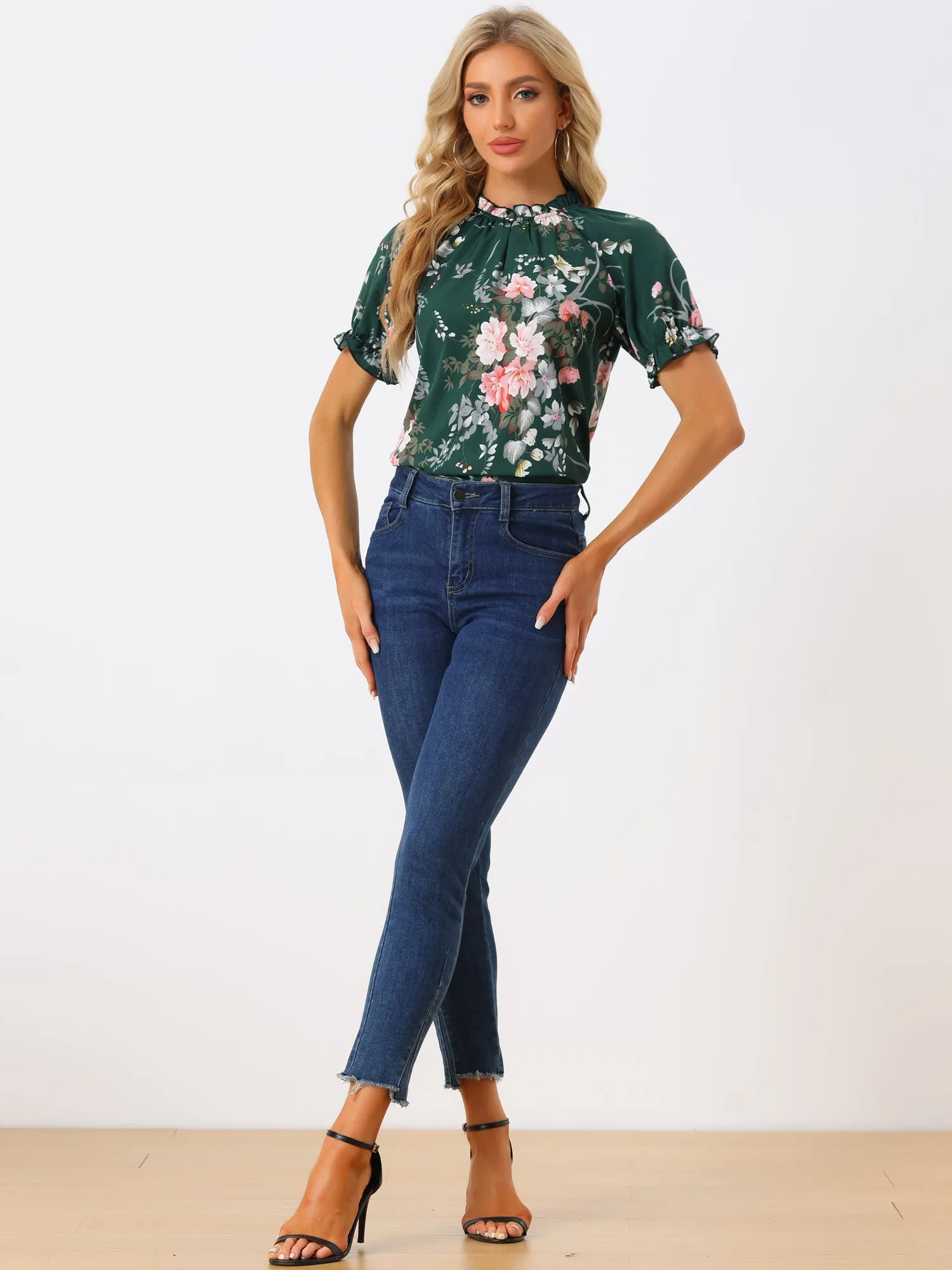 Ruffled Short Sleeve Floral Print Mock Neck Blouses