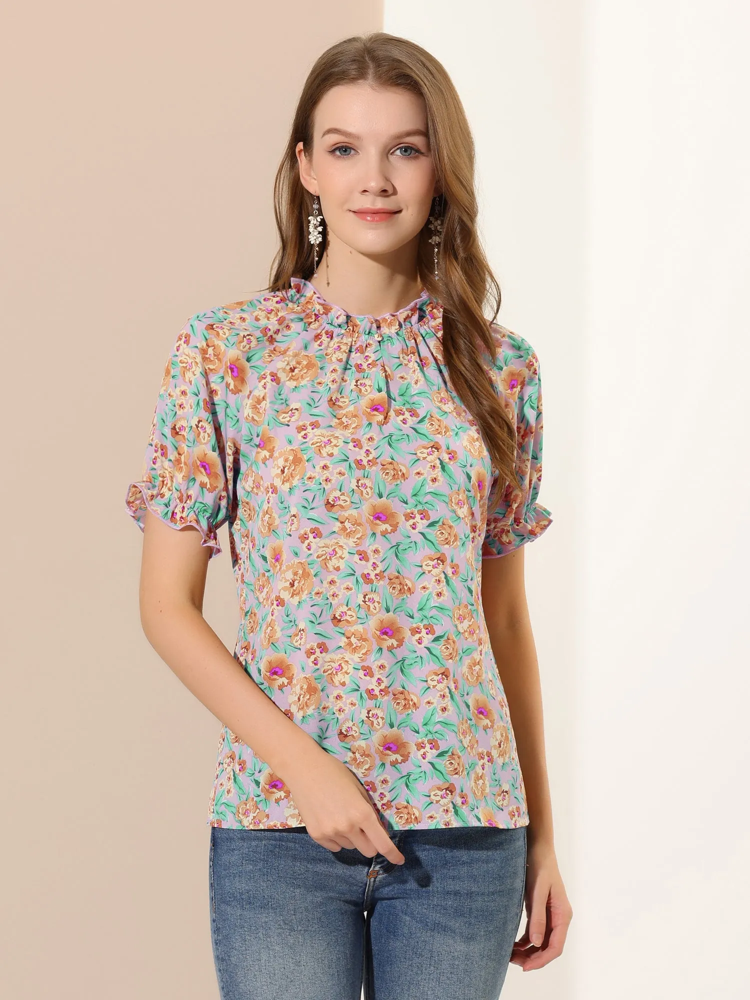 Ruffled Short Sleeve Floral Print Mock Neck Blouses