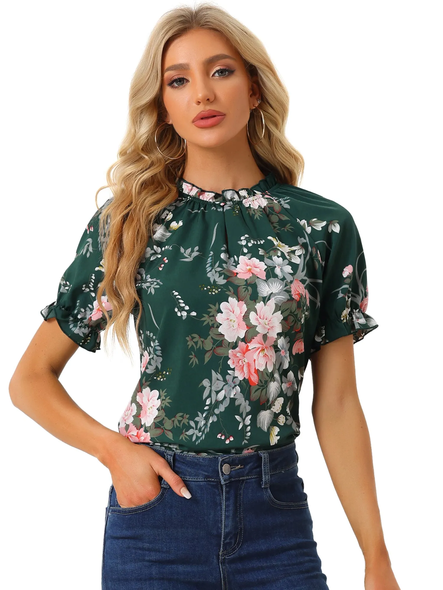 Ruffled Short Sleeve Floral Print Mock Neck Blouses