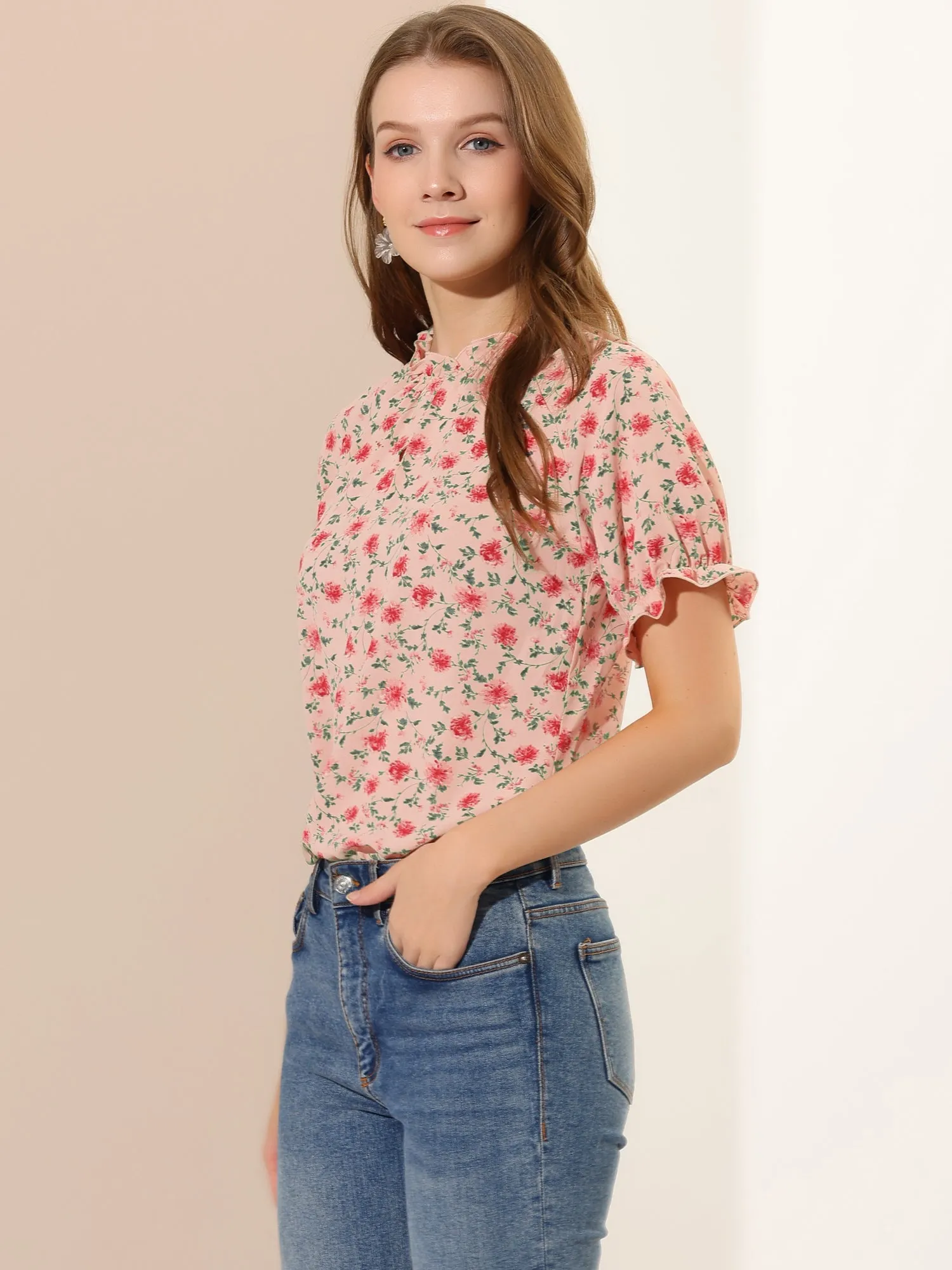 Ruffled Short Sleeve Floral Print Mock Neck Blouses