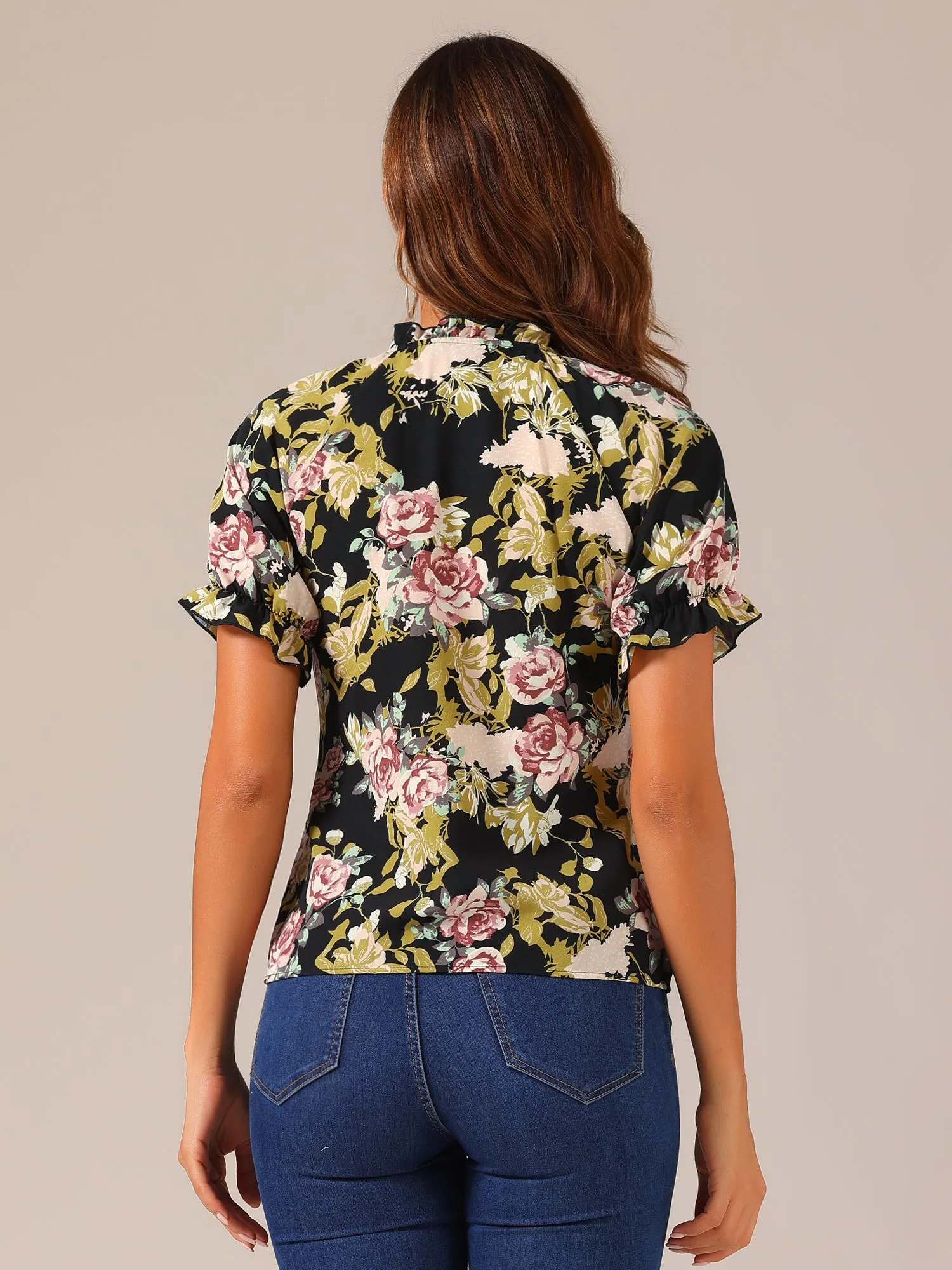 Ruffled Short Sleeve Floral Print Mock Neck Blouses