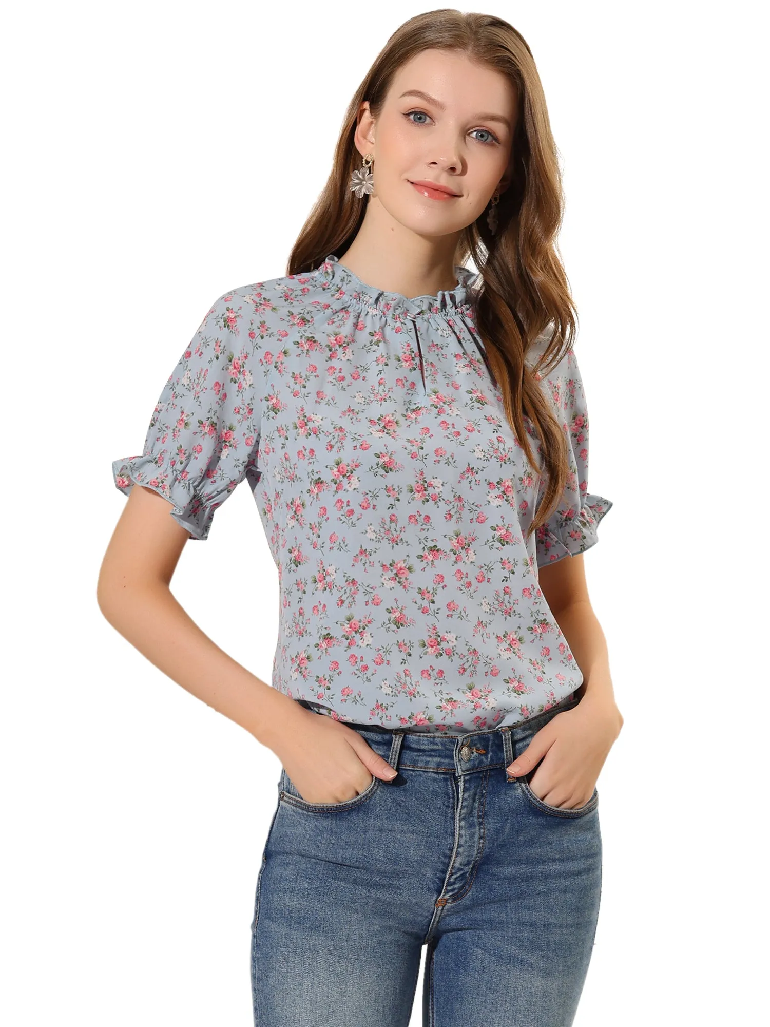 Ruffled Short Sleeve Floral Print Mock Neck Blouses