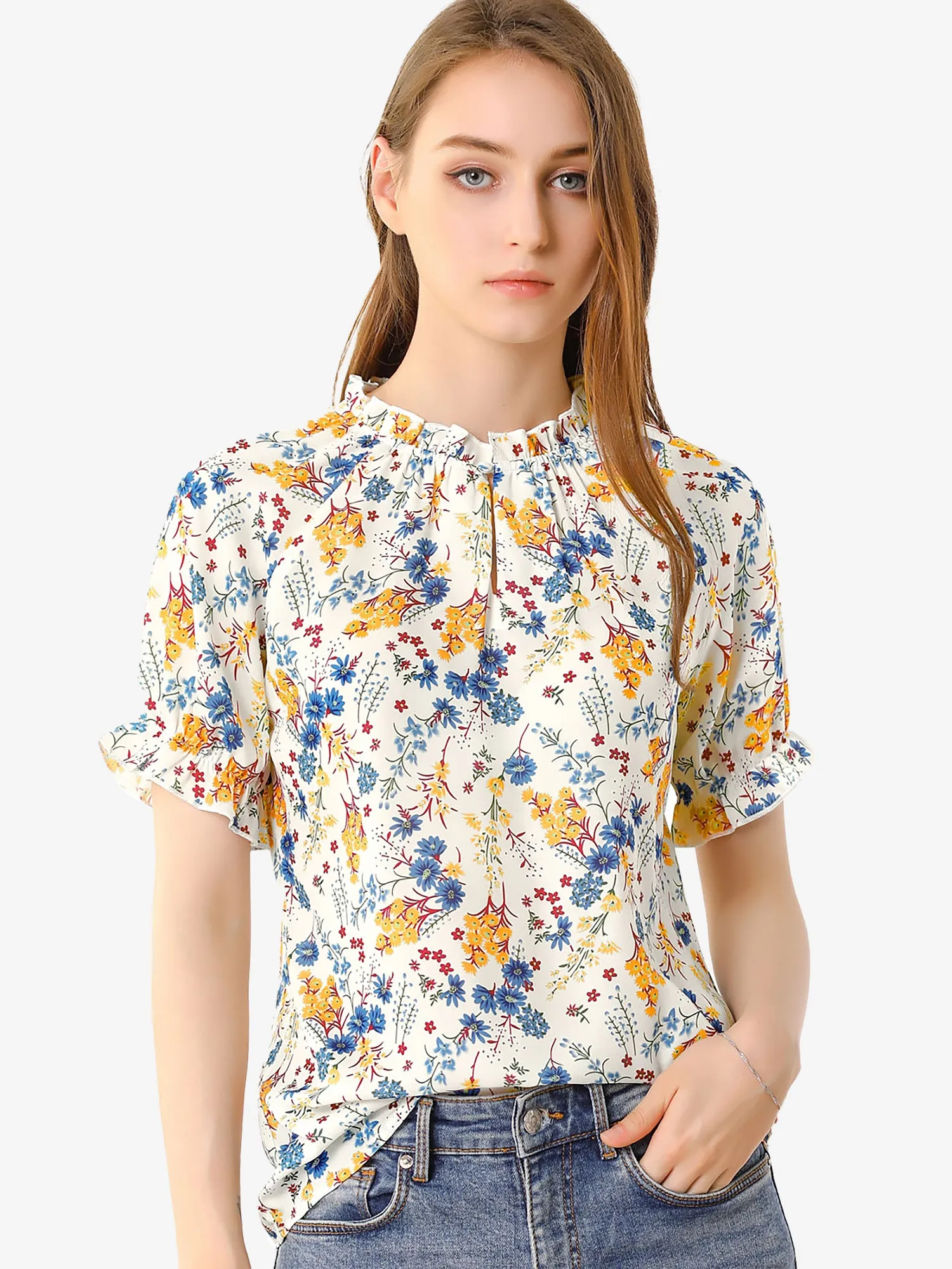 Ruffled Short Sleeve Floral Print Mock Neck Blouses