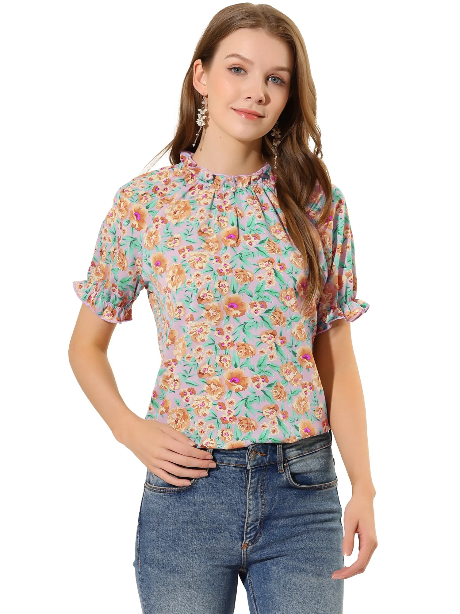 Ruffled Short Sleeve Floral Print Mock Neck Blouses