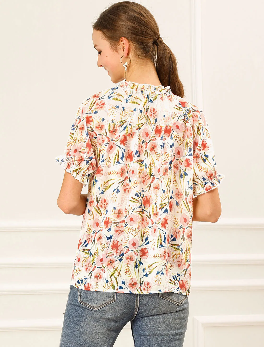 Ruffled Short Sleeve Floral Print Mock Neck Blouses