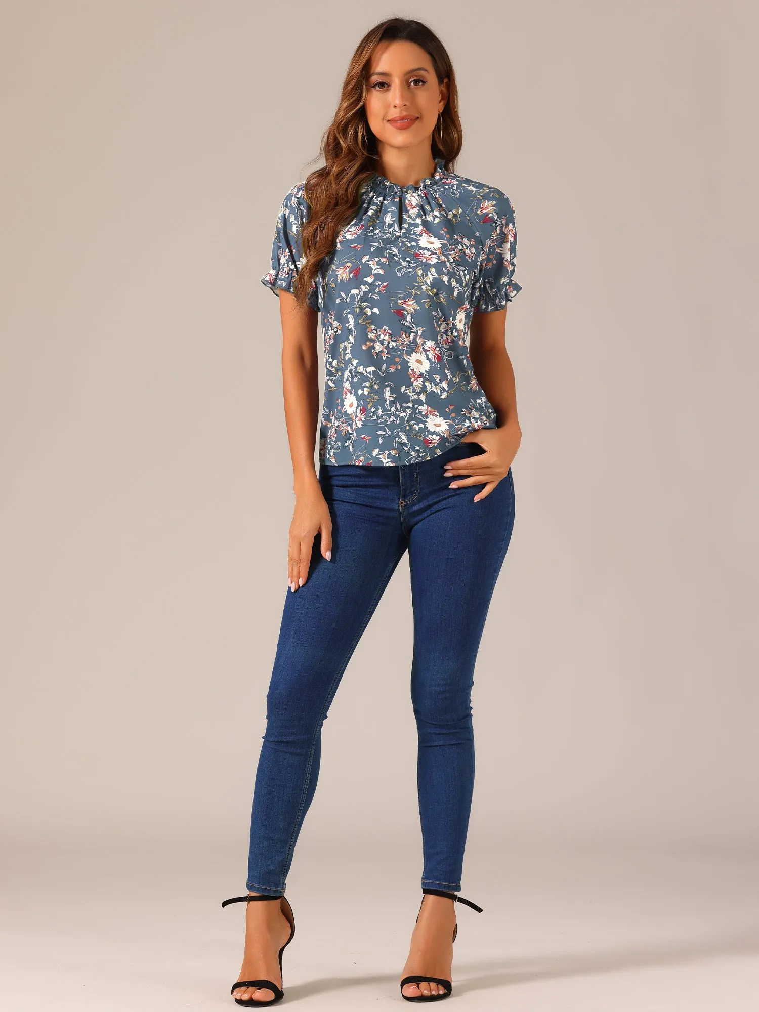 Ruffled Short Sleeve Floral Print Mock Neck Blouses