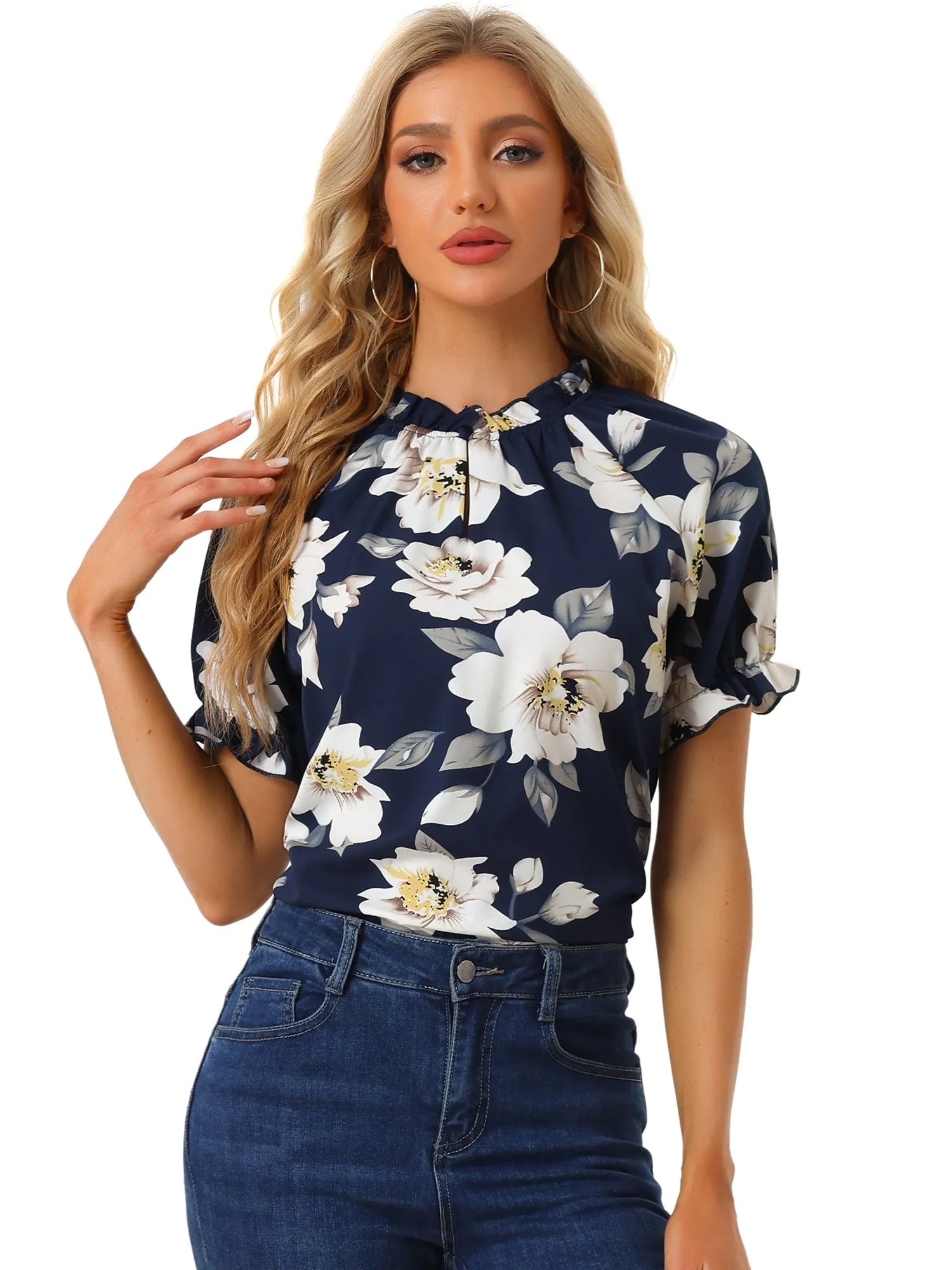 Ruffled Short Sleeve Floral Print Mock Neck Blouses