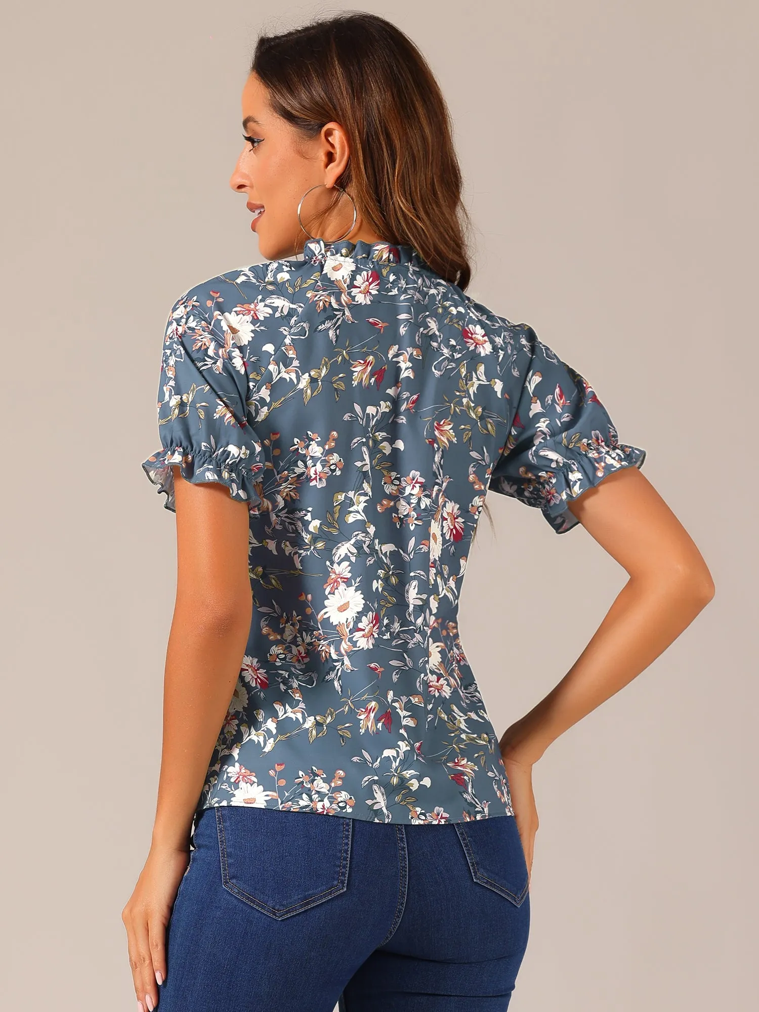 Ruffled Short Sleeve Floral Print Mock Neck Blouses