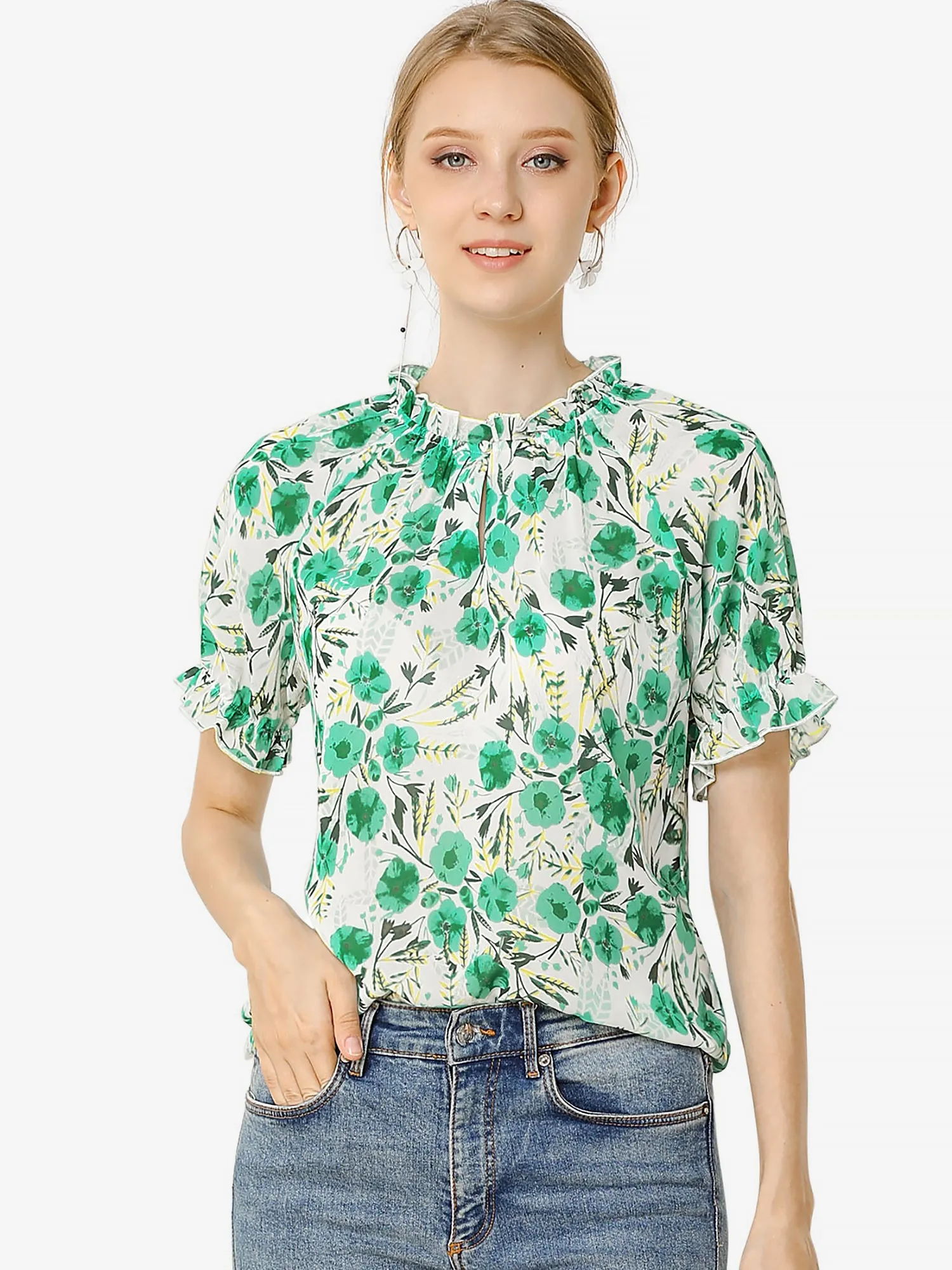 Ruffled Short Sleeve Floral Print Mock Neck Blouses