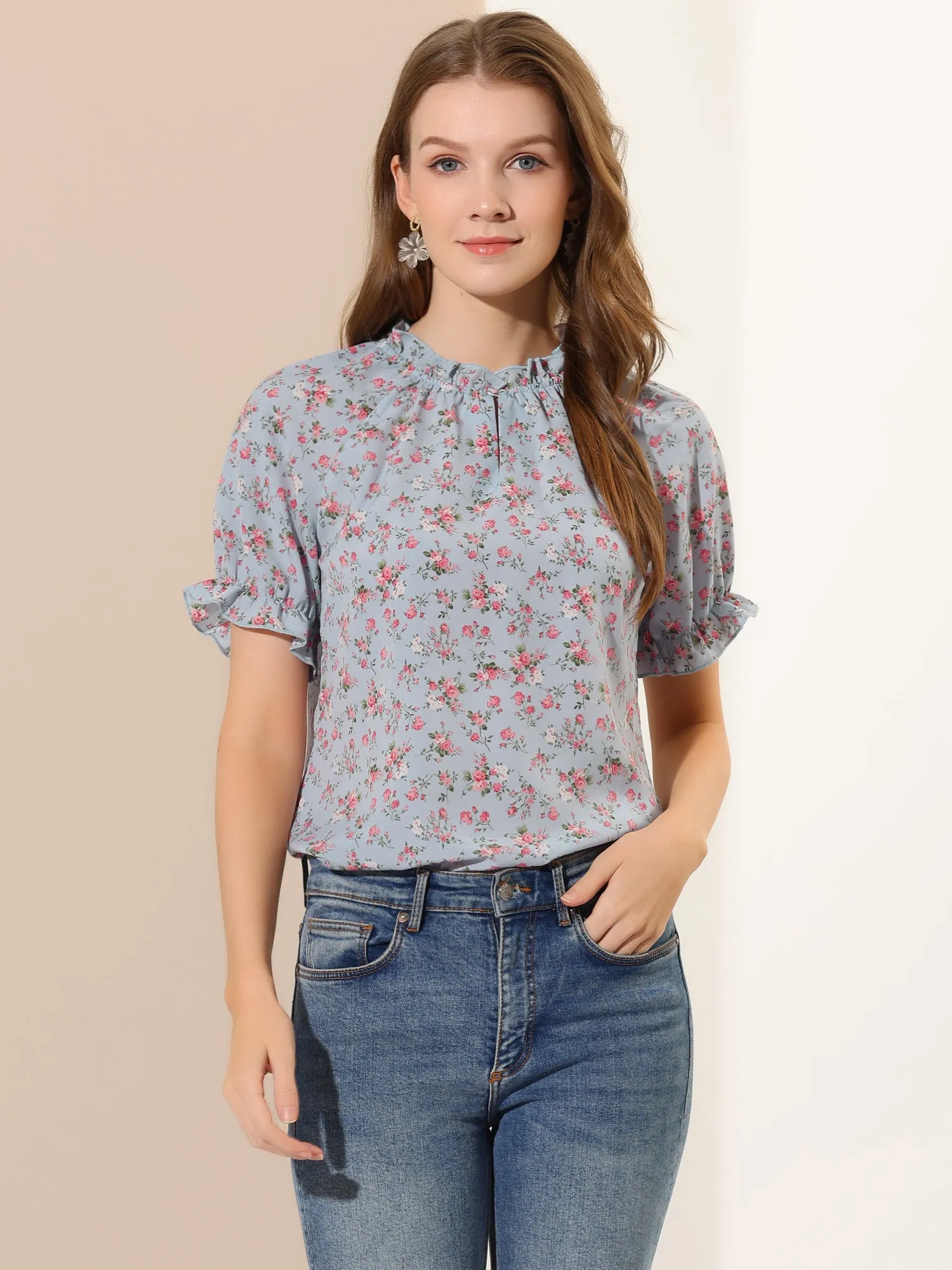 Ruffled Short Sleeve Floral Print Mock Neck Blouses