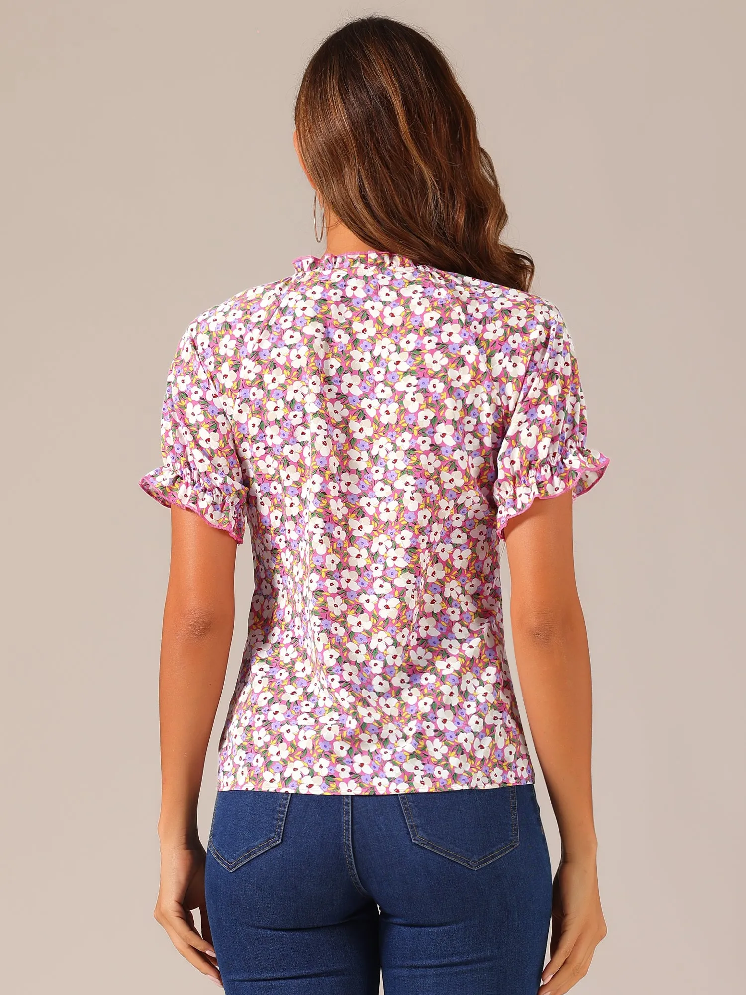 Ruffled Short Sleeve Floral Print Mock Neck Blouses