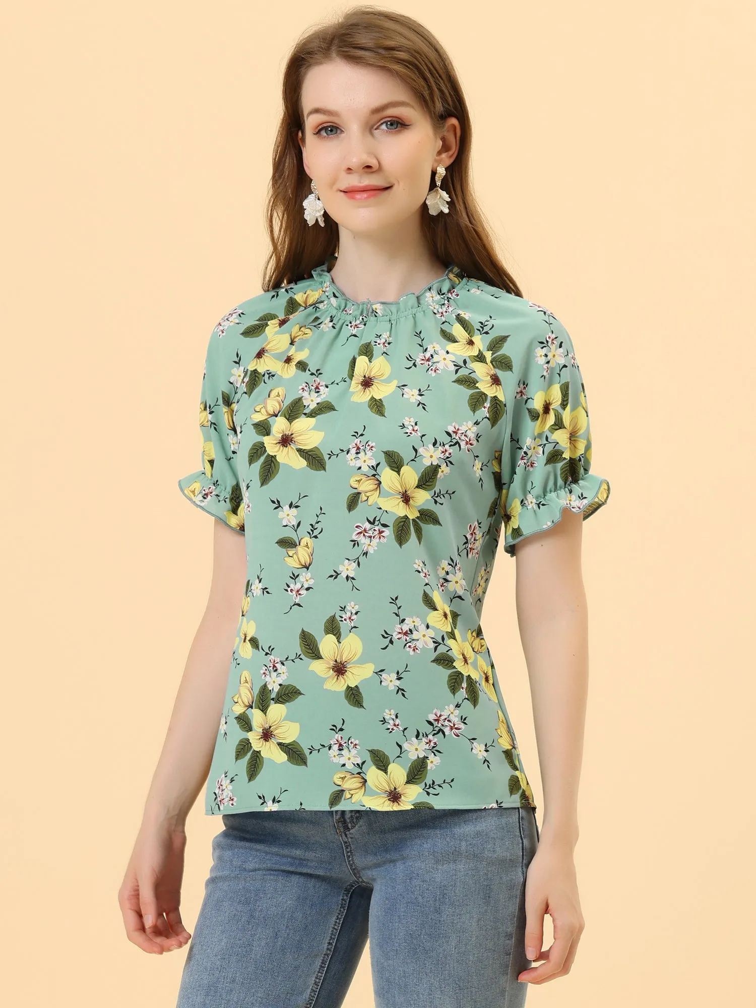 Ruffled Short Sleeve Floral Print Mock Neck Blouses