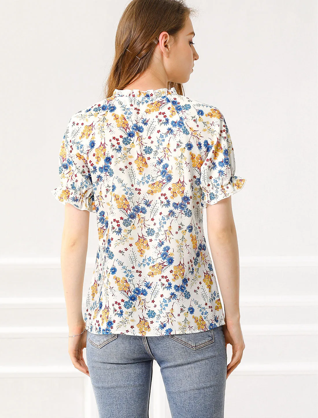 Ruffled Short Sleeve Floral Print Mock Neck Blouses