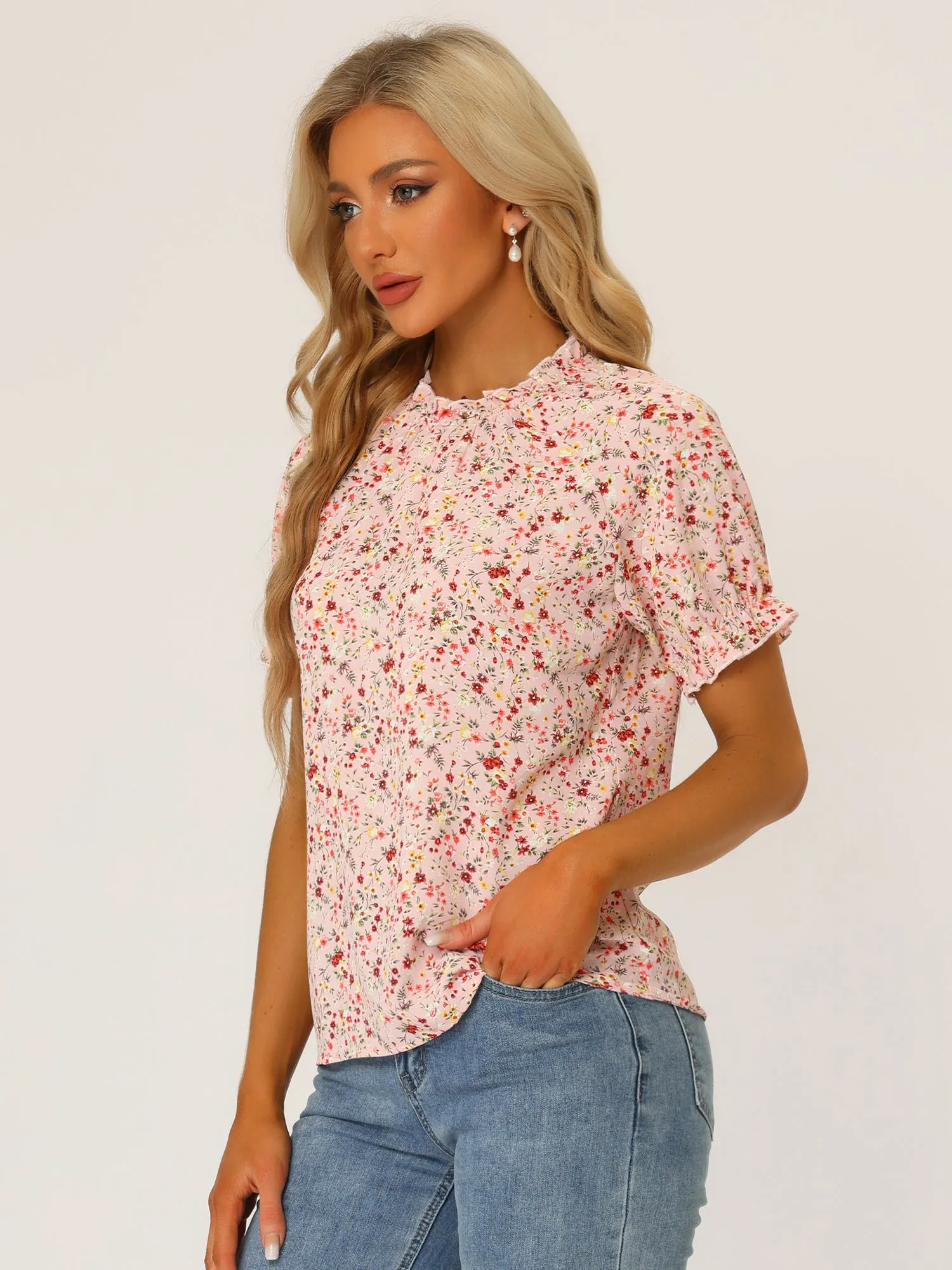 Ruffled Short Sleeve Floral Print Mock Neck Blouses