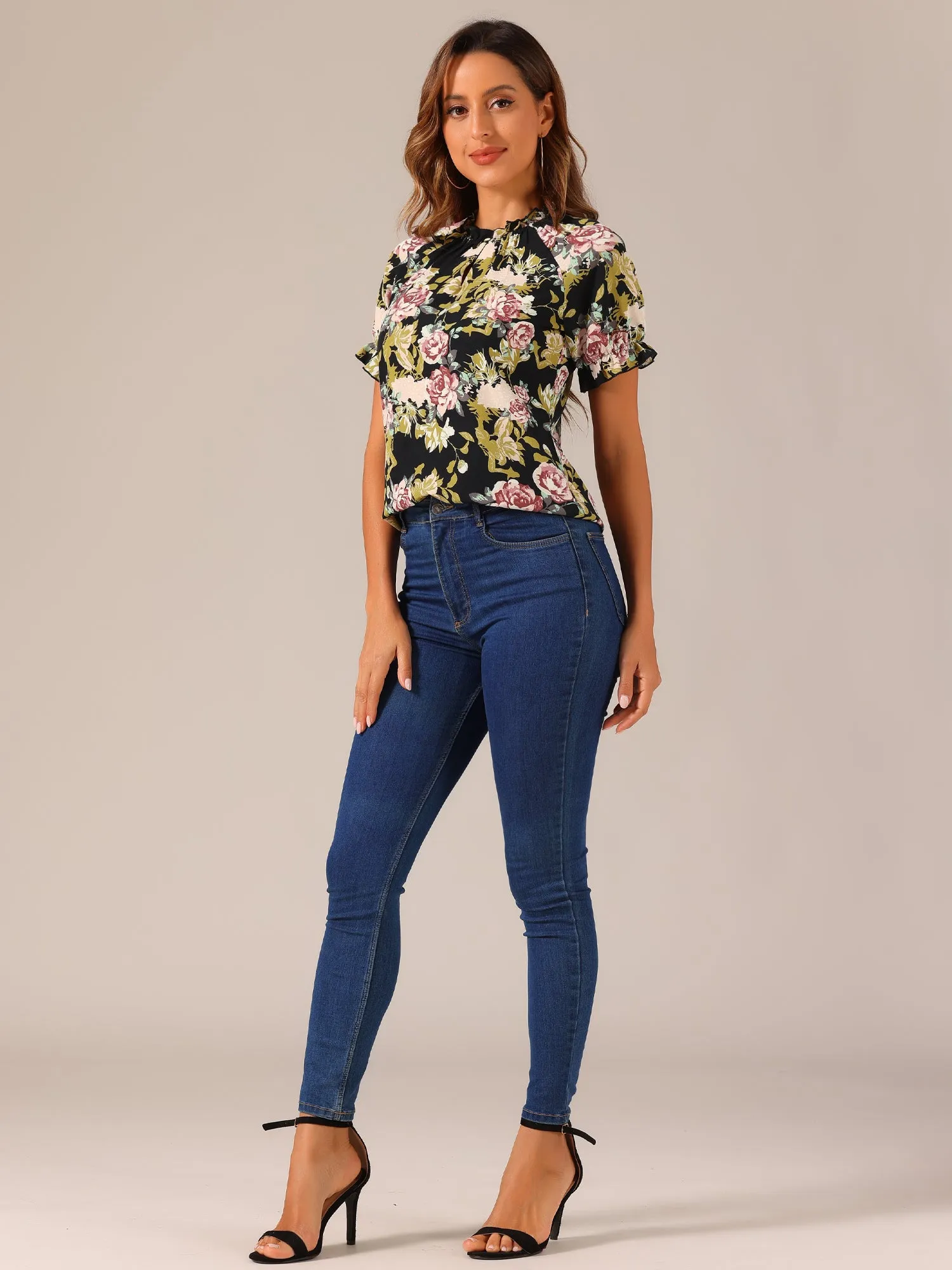 Ruffled Short Sleeve Floral Print Mock Neck Blouses