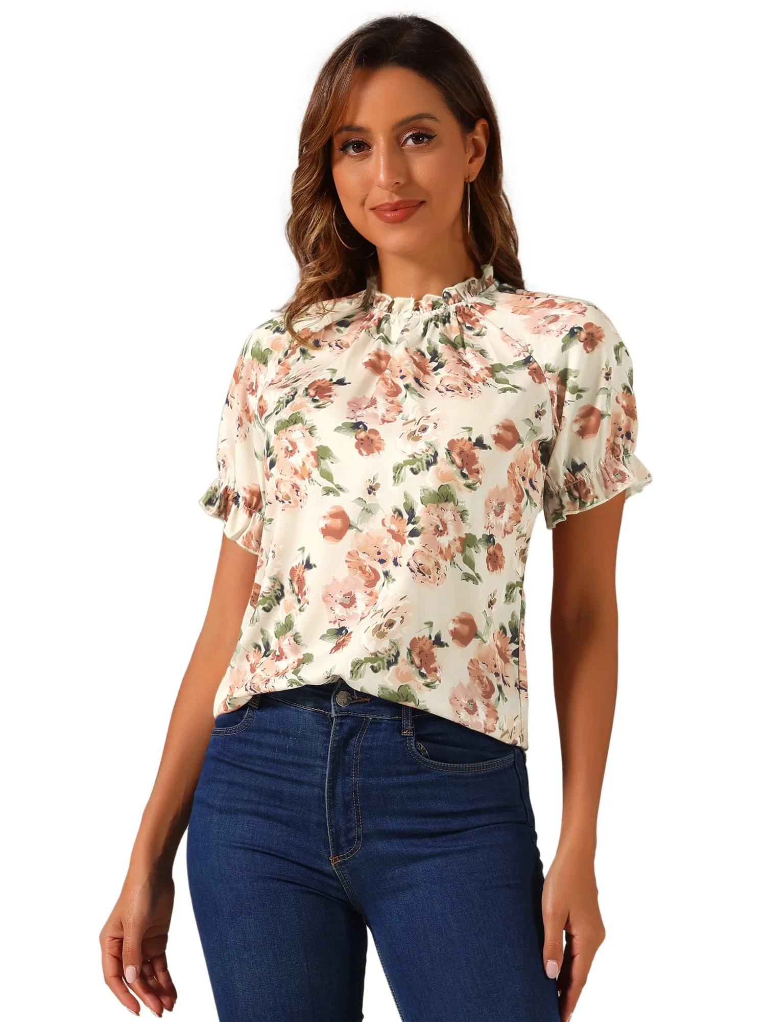 Ruffled Short Sleeve Floral Print Mock Neck Blouses