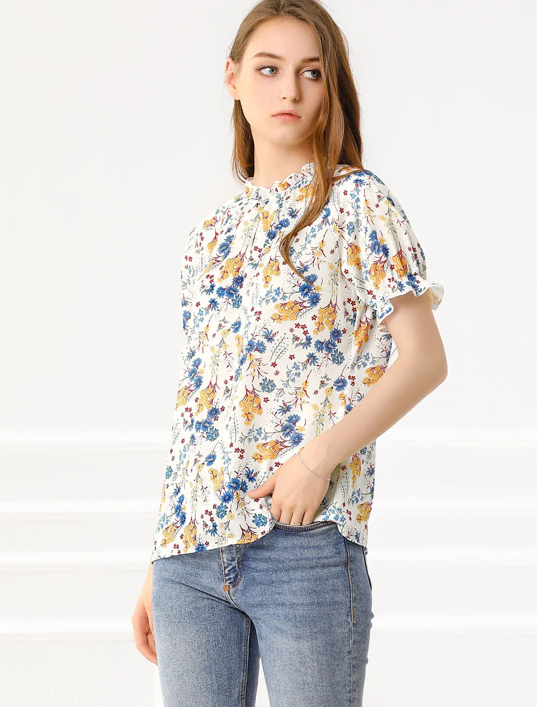 Ruffled Short Sleeve Floral Print Mock Neck Blouses