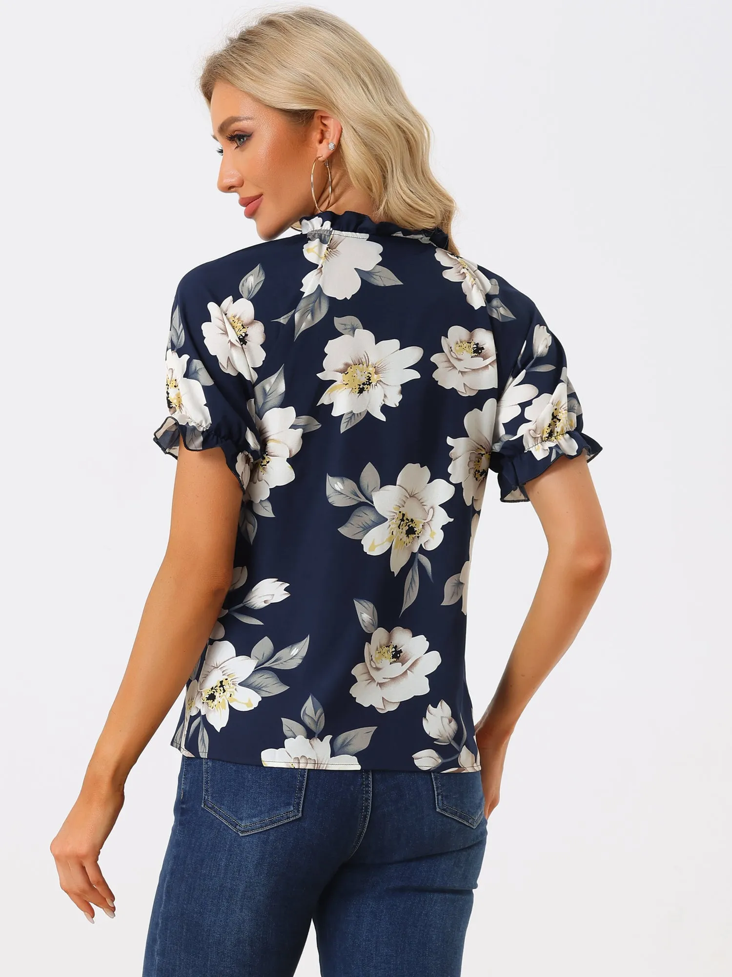 Ruffled Short Sleeve Floral Print Mock Neck Blouses