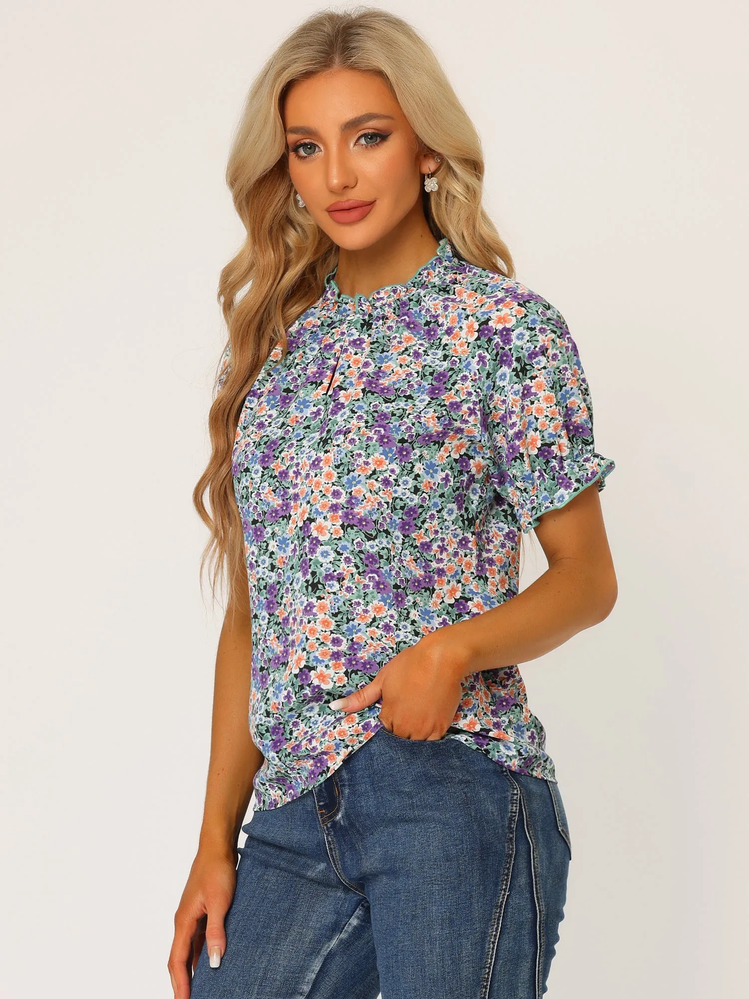 Ruffled Short Sleeve Floral Print Mock Neck Blouses