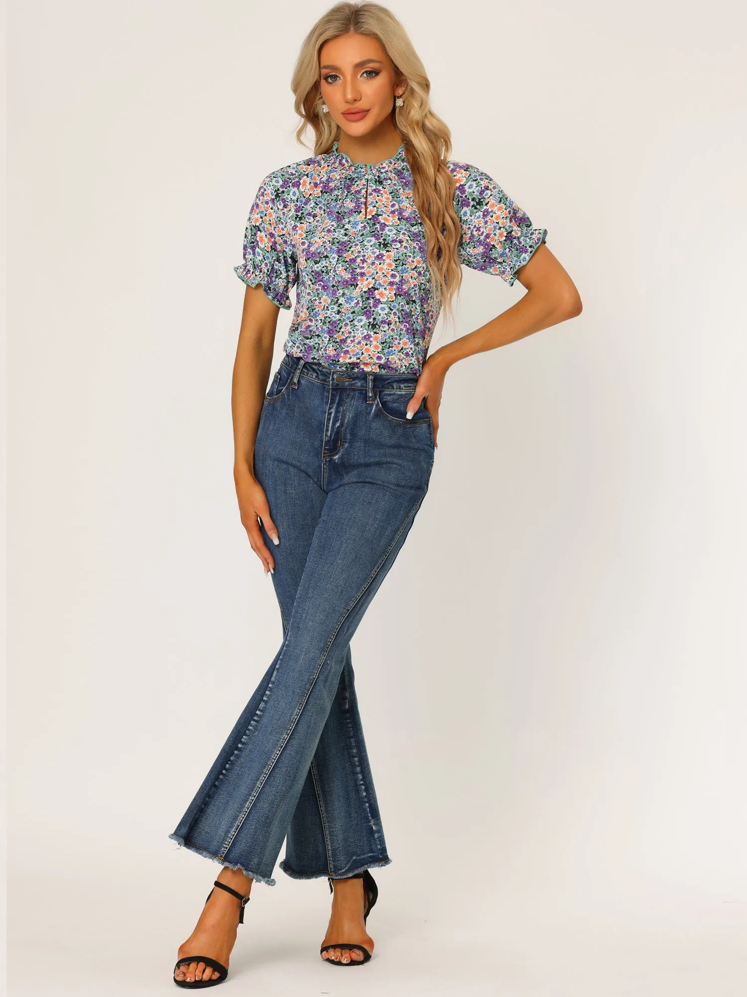 Ruffled Short Sleeve Floral Print Mock Neck Blouses