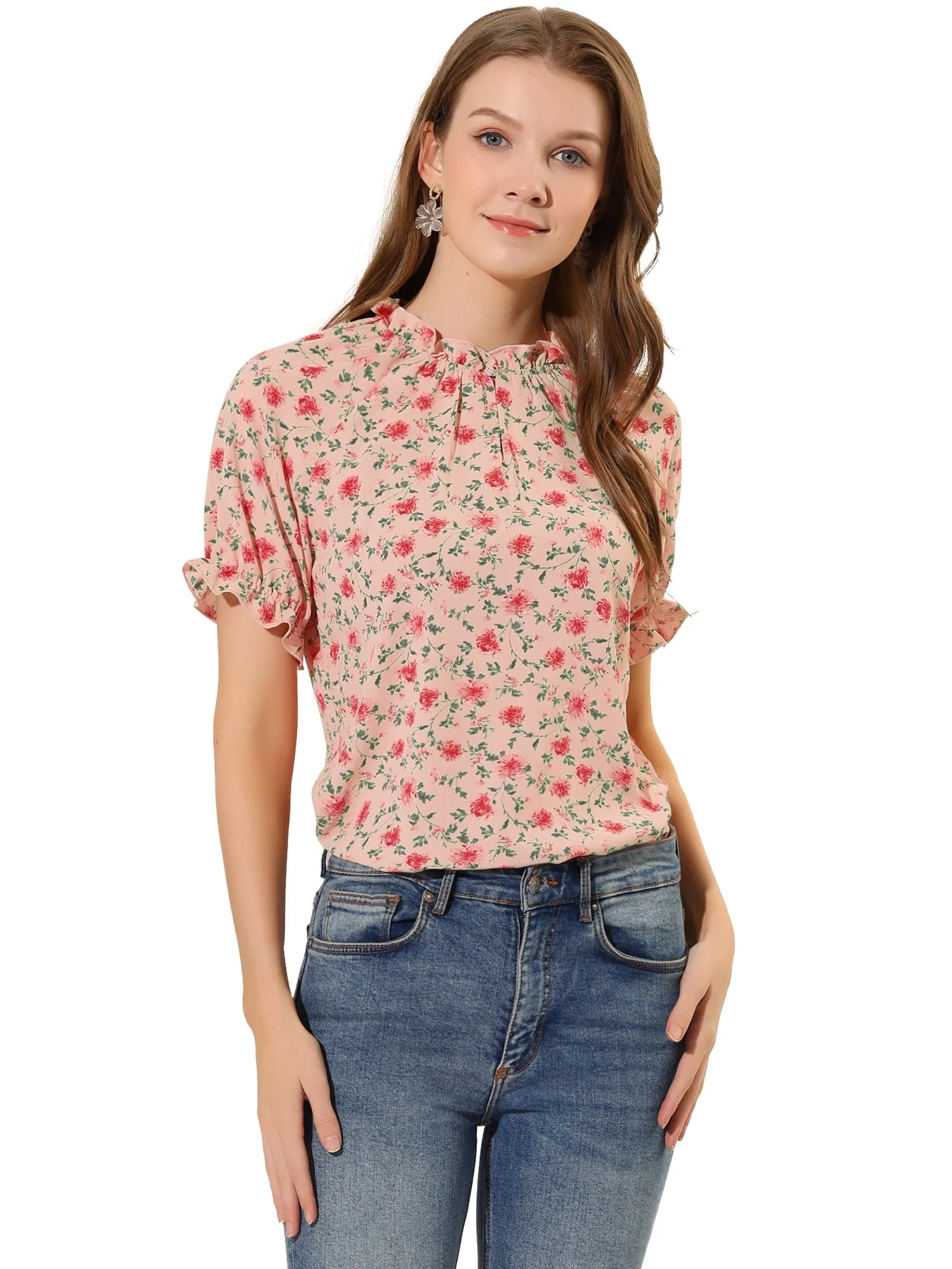 Ruffled Short Sleeve Floral Print Mock Neck Blouses